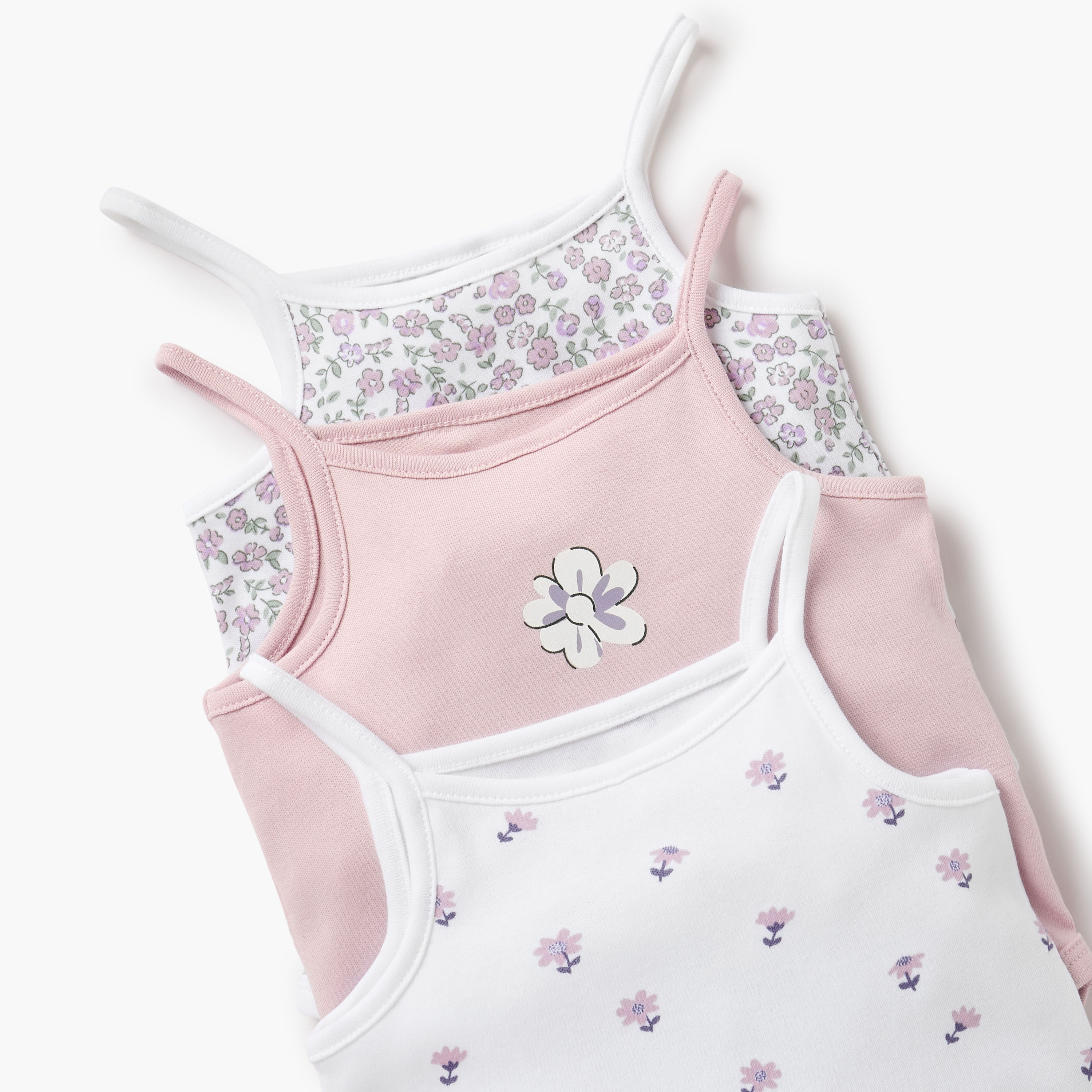 Juniors Floral Print Strappy Bodysuit with Snap Button Closure - Set of 3-baby-girls-clothing-bodysuits-image-5