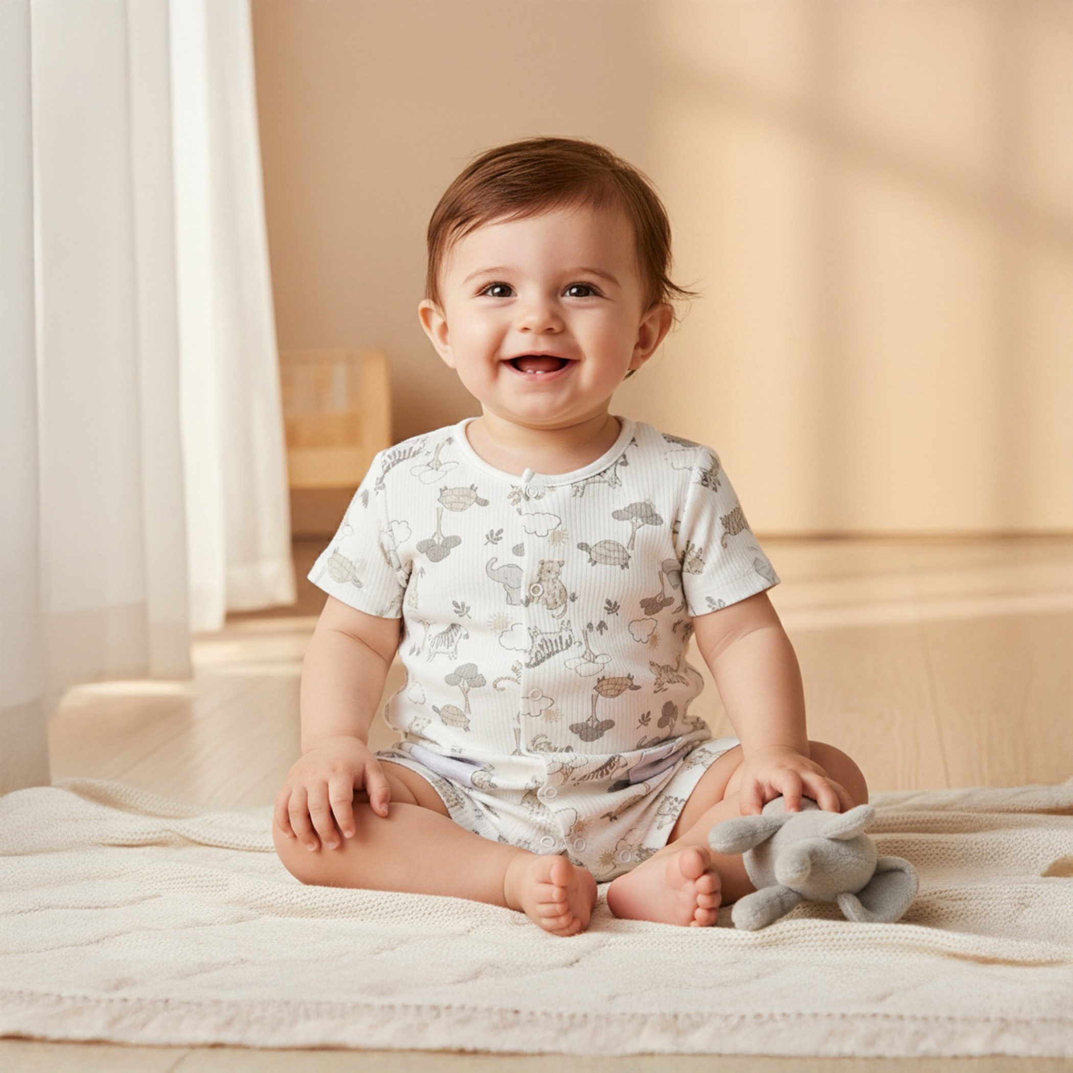 أفرول قطن بياقة ضيقة وأكمام قصيرة وطبعات حيوانات من جونيورز-baby-boys-clothing-rompers-image-6