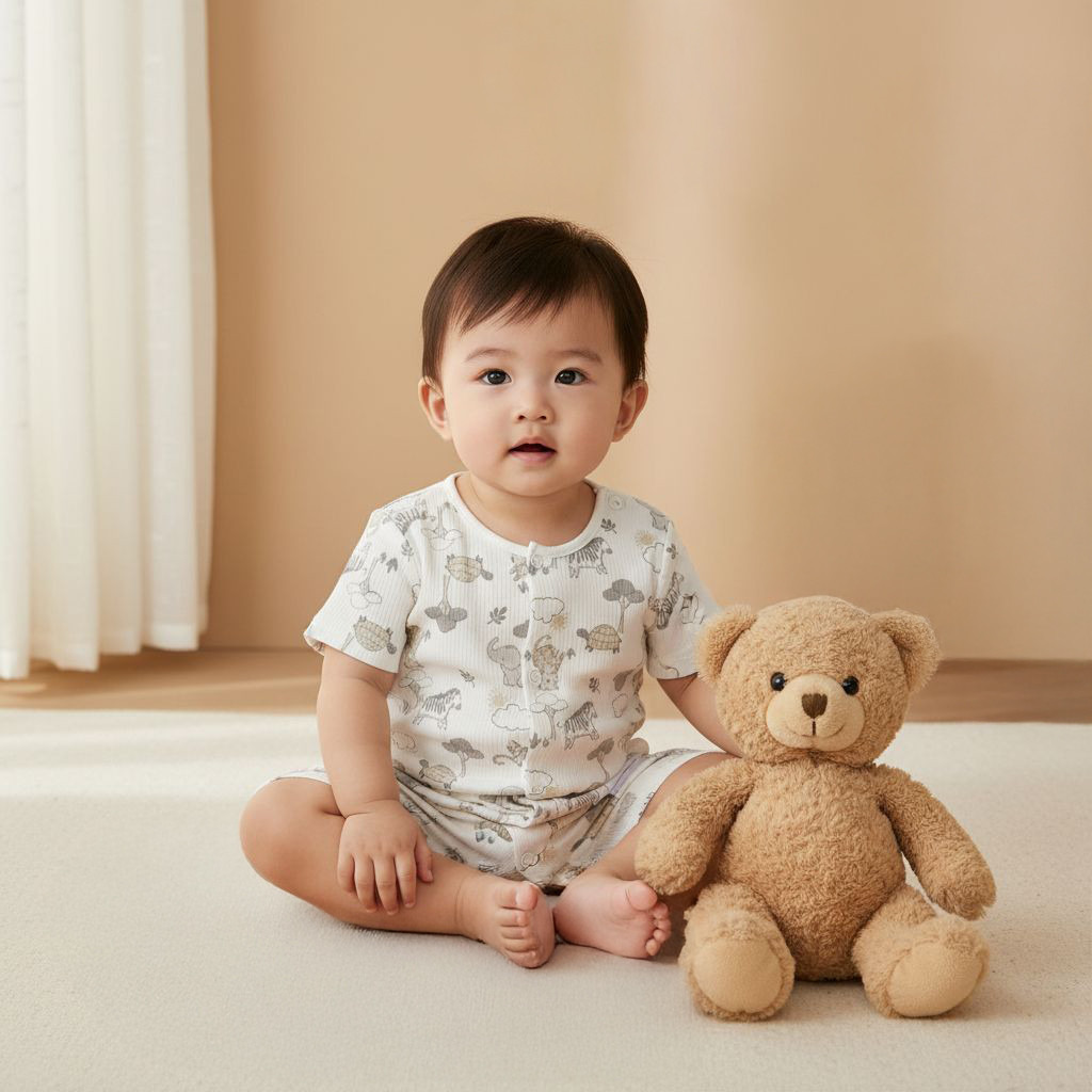 أفرول قطن بياقة ضيقة وأكمام قصيرة وطبعات حيوانات من جونيورز-baby-boys-clothing-rompers-image-1