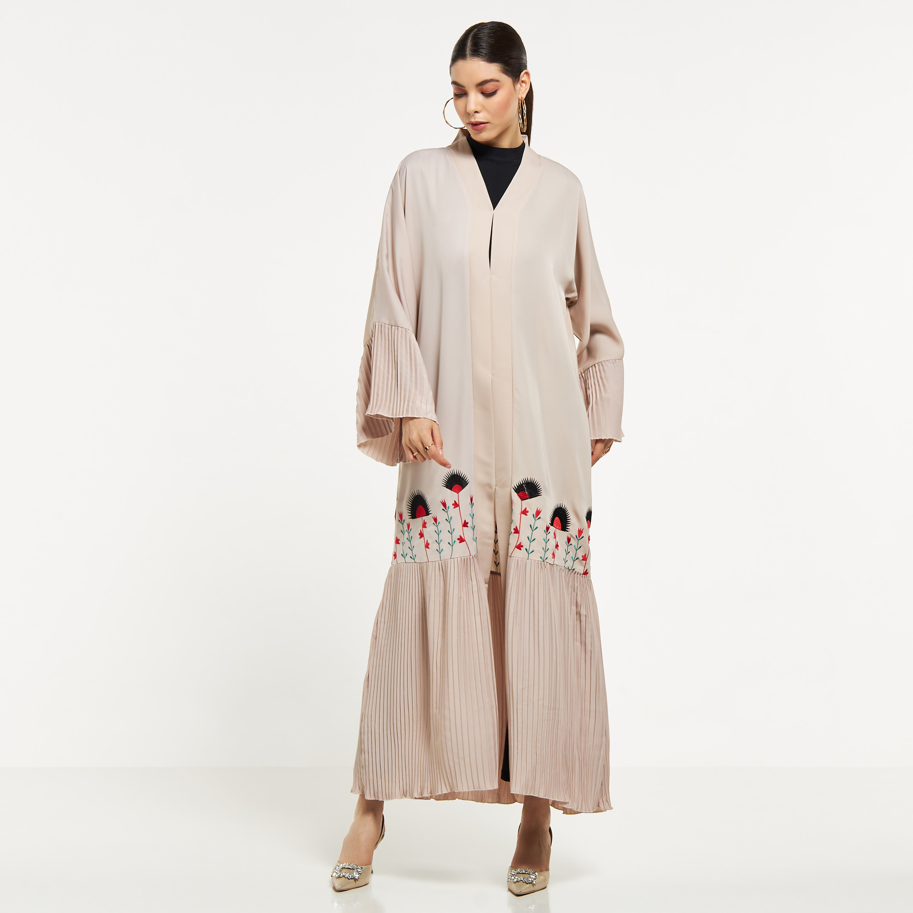 Nukhbaa Embroidered Abaya with Hijab and Pleated Panels-women-arabicclothing-abayas-image-1