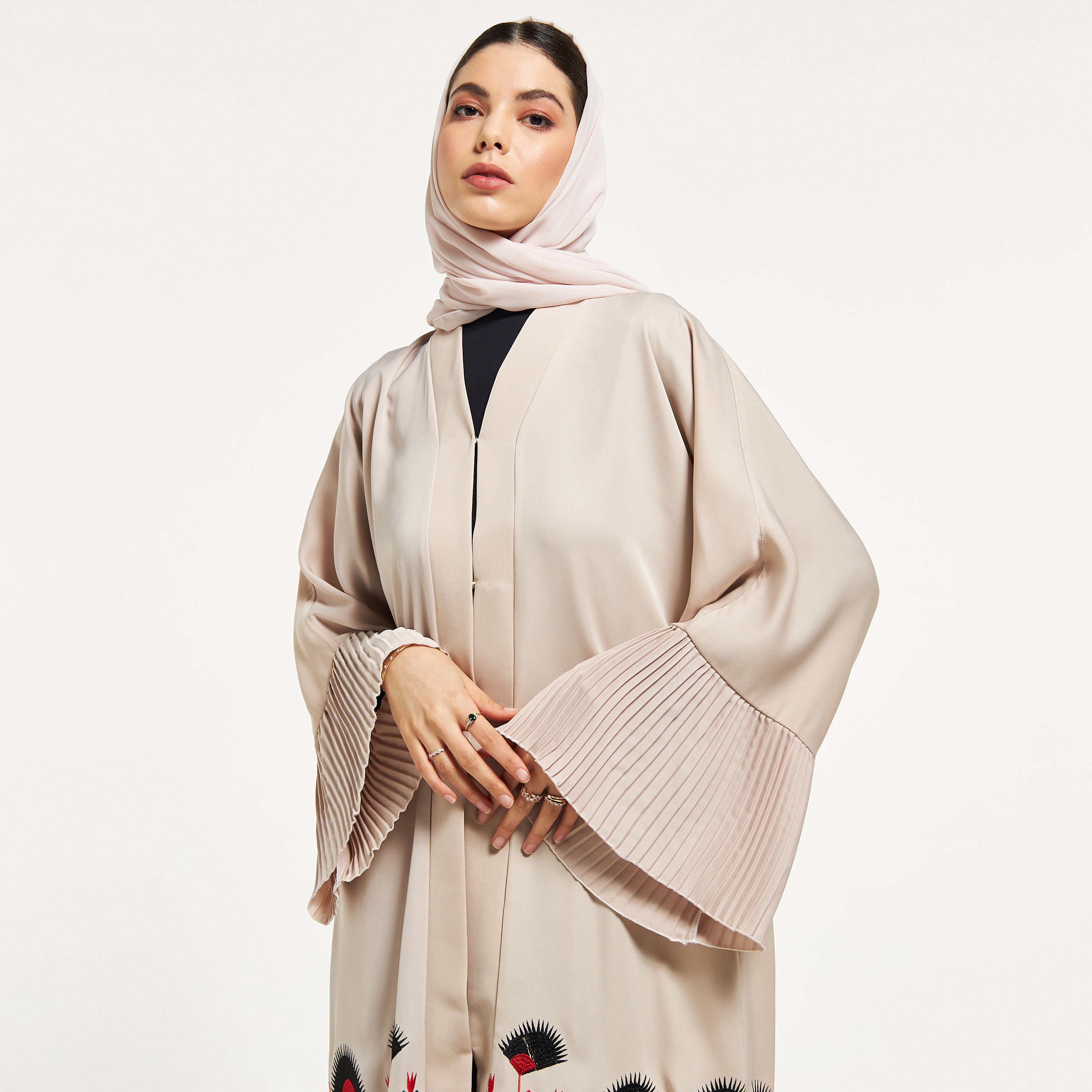 Nukhbaa Embroidered Abaya with Hijab and Pleated Panels-women-arabicclothing-abayas-image-2