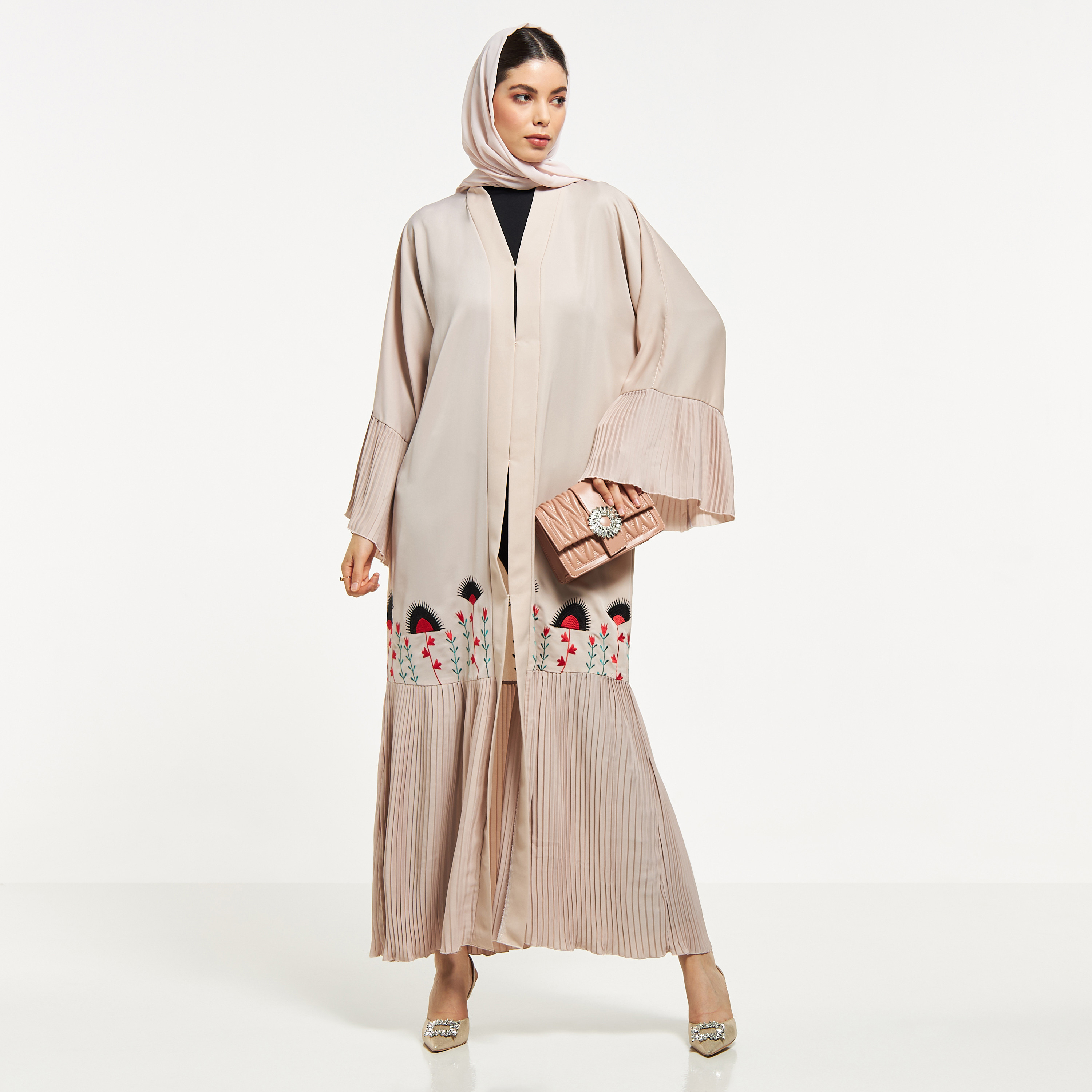 Nukhbaa Embroidered Abaya with Hijab and Pleated Panels-women-arabicclothing-abayas-image-4