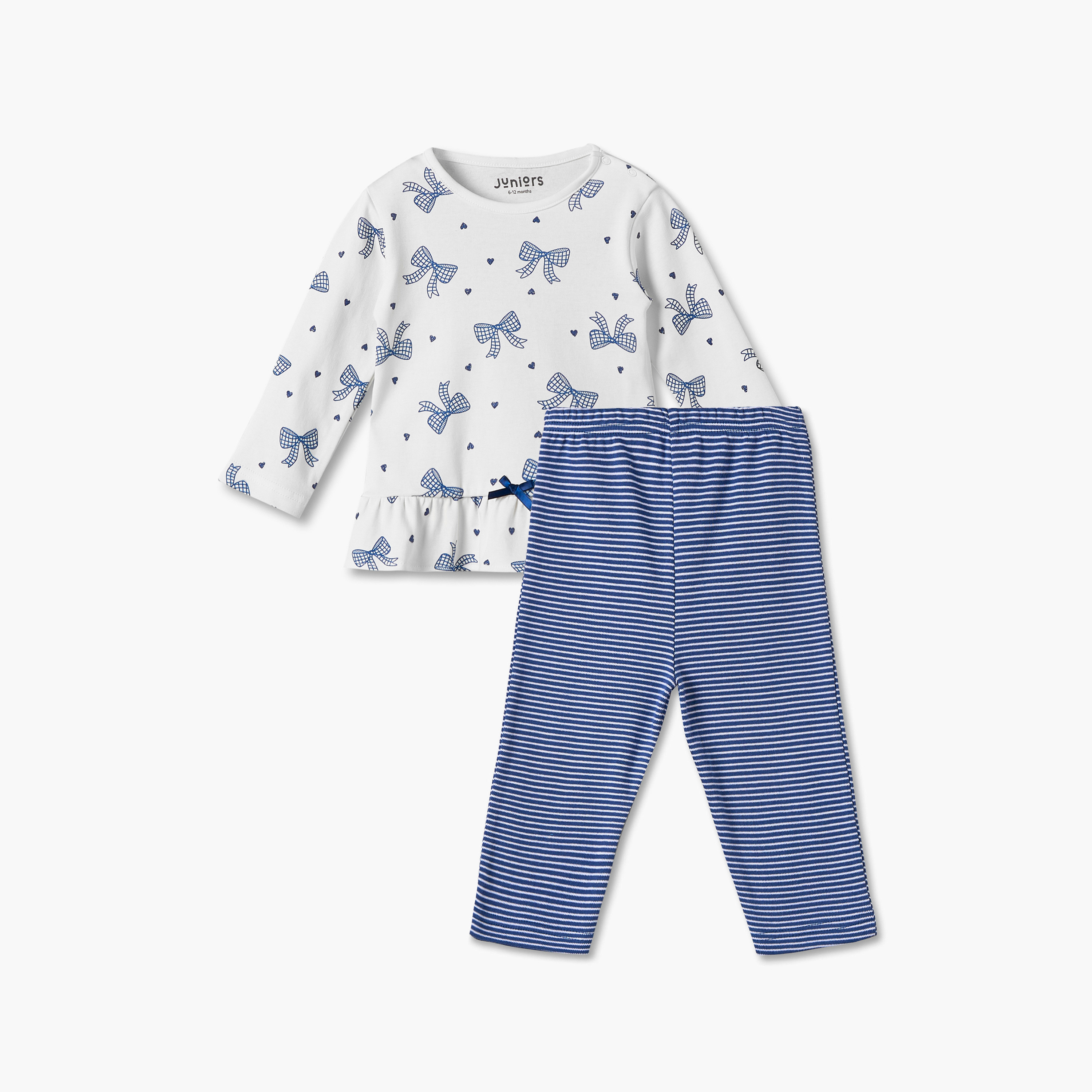 طقم بيجاما قطني بياقة مستديرة وأكمام طويلة بطبعة فيونكة من جونيورز-baby-girls-clothing-nightwear-pyjamasets-image-1