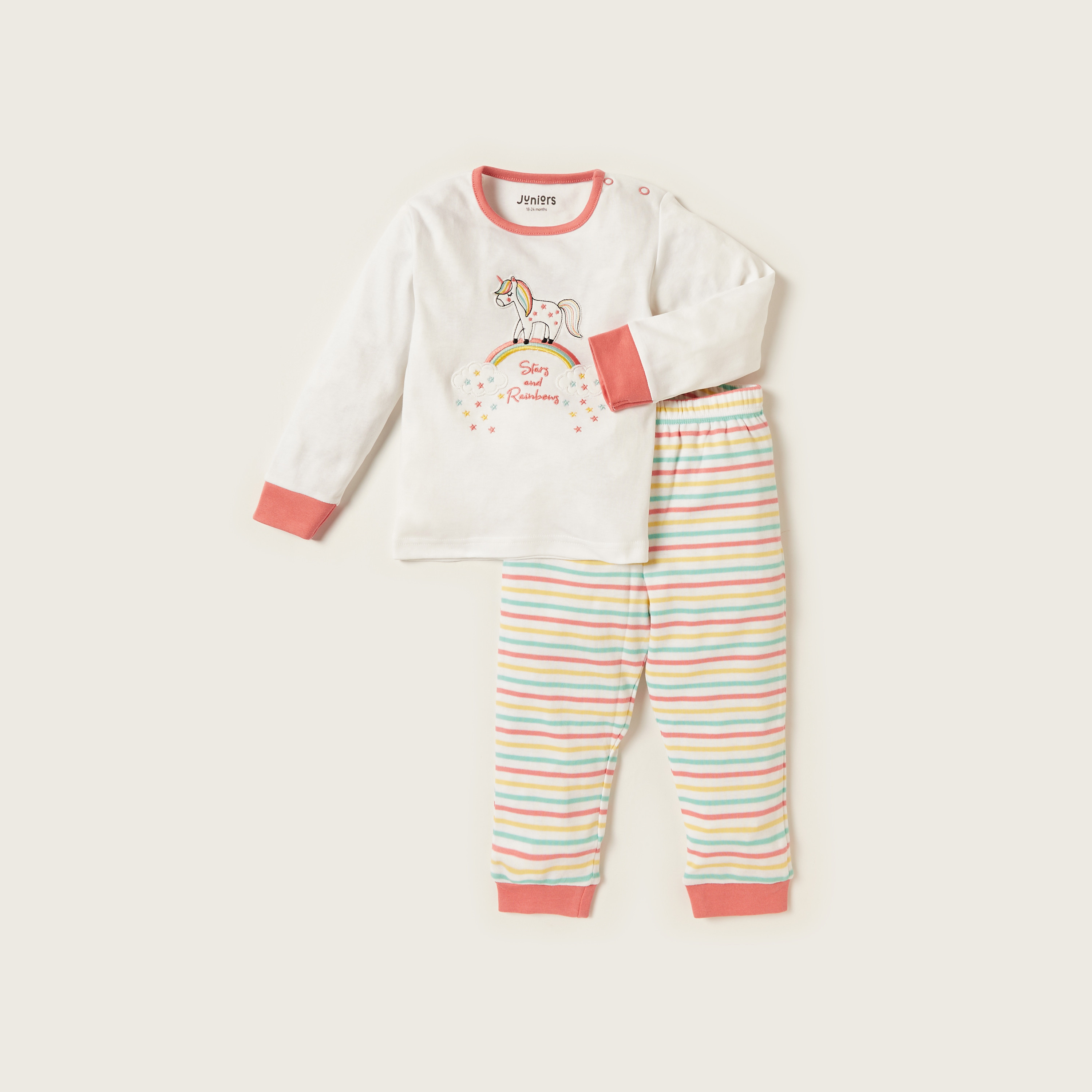 Juniors Embroidered Round Neck T-shirt and Pyjama Set-baby-girls-clothing-nightwear-pyjamasets-image-1