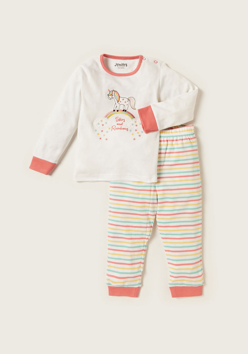 Juniors Embroidered Round Neck T-shirt and Pyjama Set-Pyjama Sets-image-0