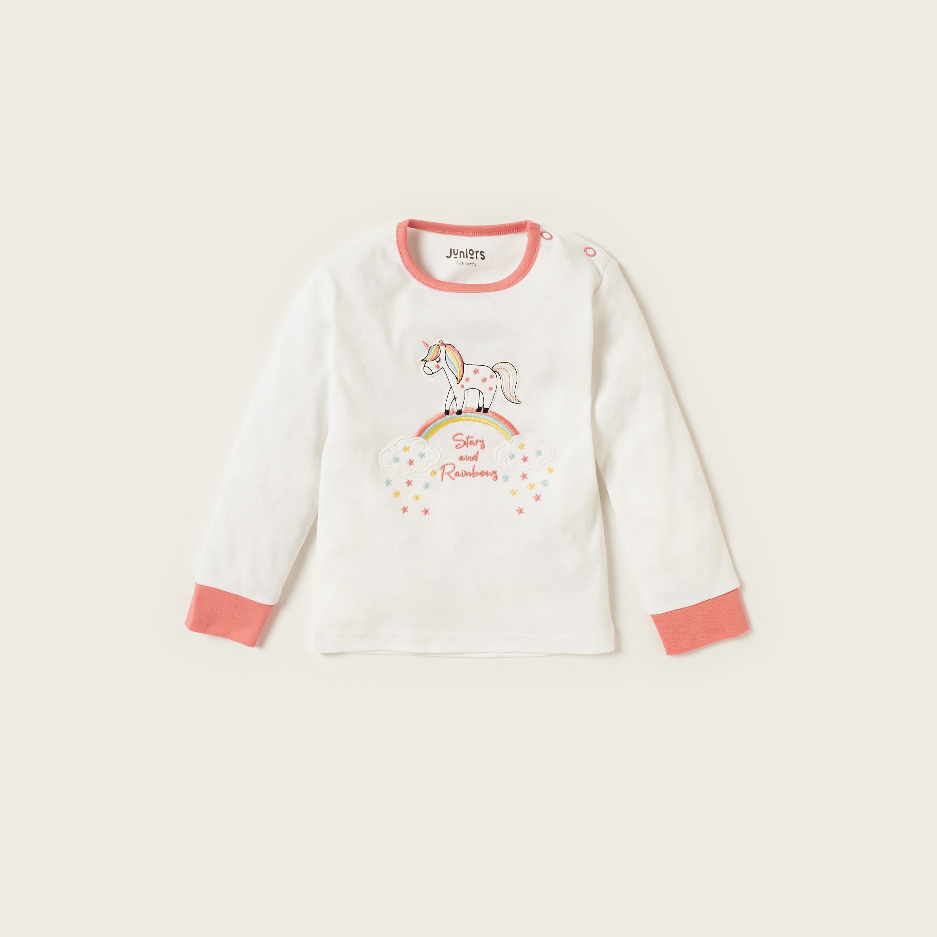 Juniors Embroidered Round Neck T-shirt and Pyjama Set-baby-girls-clothing-nightwear-pyjamasets-image-2