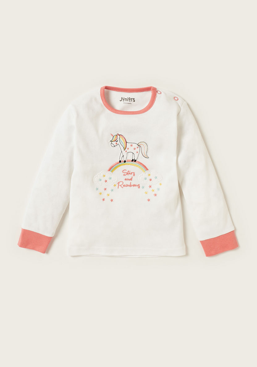 Juniors Embroidered Round Neck T-shirt and Pyjama Set-Pyjama Sets-image-1