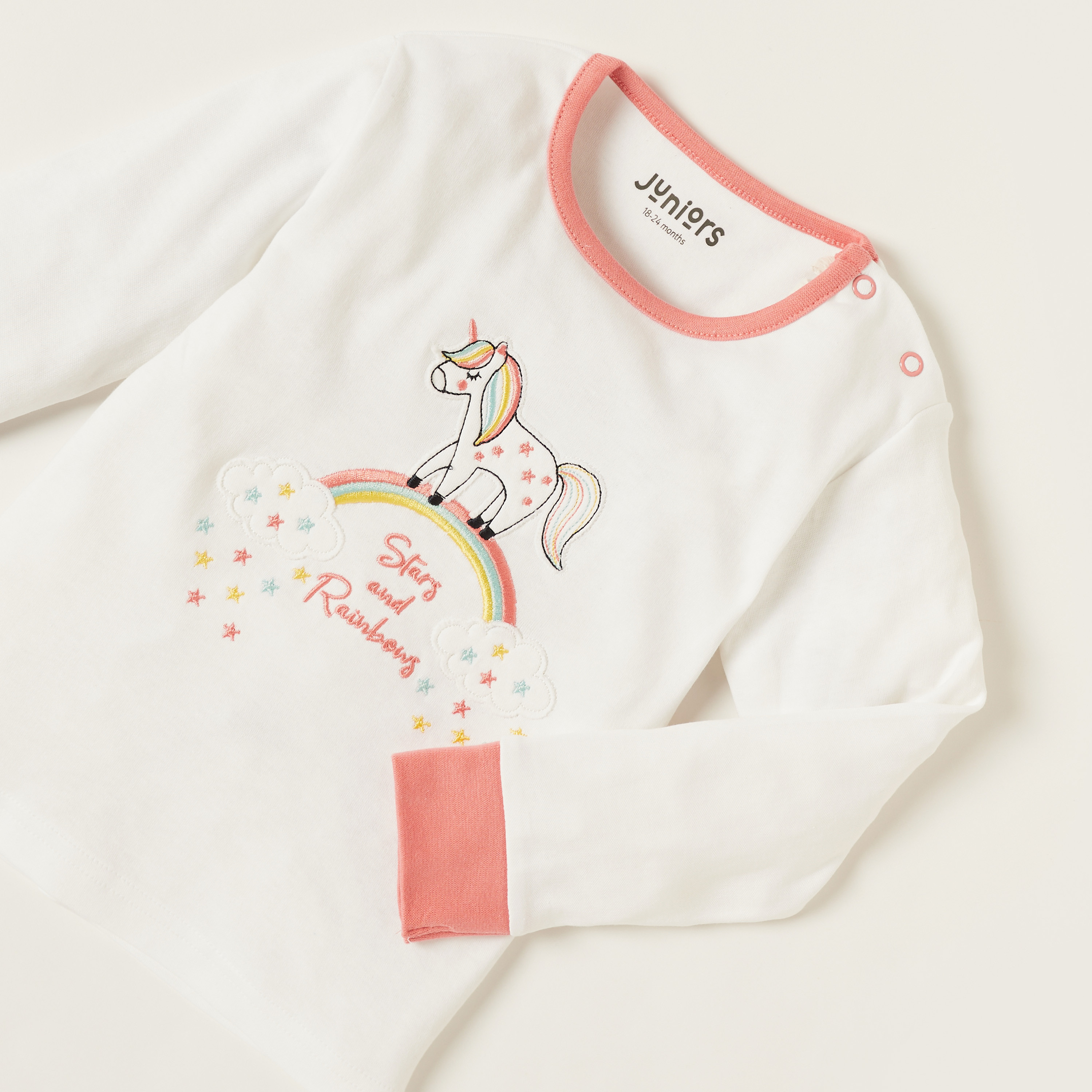 Juniors Embroidered Round Neck T-shirt and Pyjama Set-baby-girls-clothing-nightwear-pyjamasets-image-4