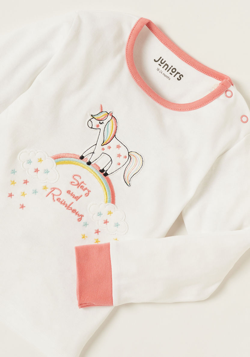 Juniors Embroidered Round Neck T-shirt and Pyjama Set-Pyjama Sets-image-3