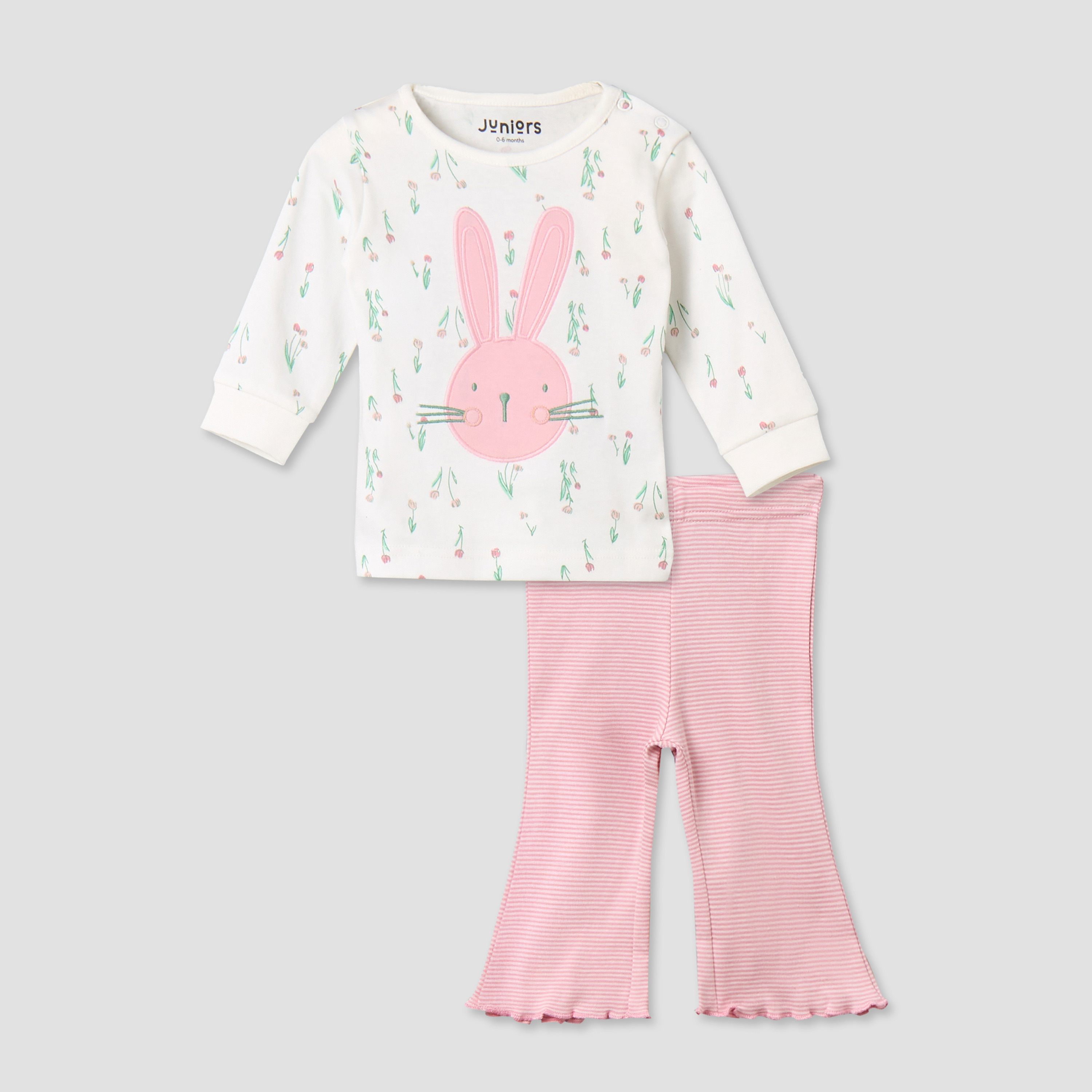 Juniors Cotton Long Sleeves Pyjama Set with Bunny Applique-baby-girls-clothing-nightwear-pyjamasets-image-2