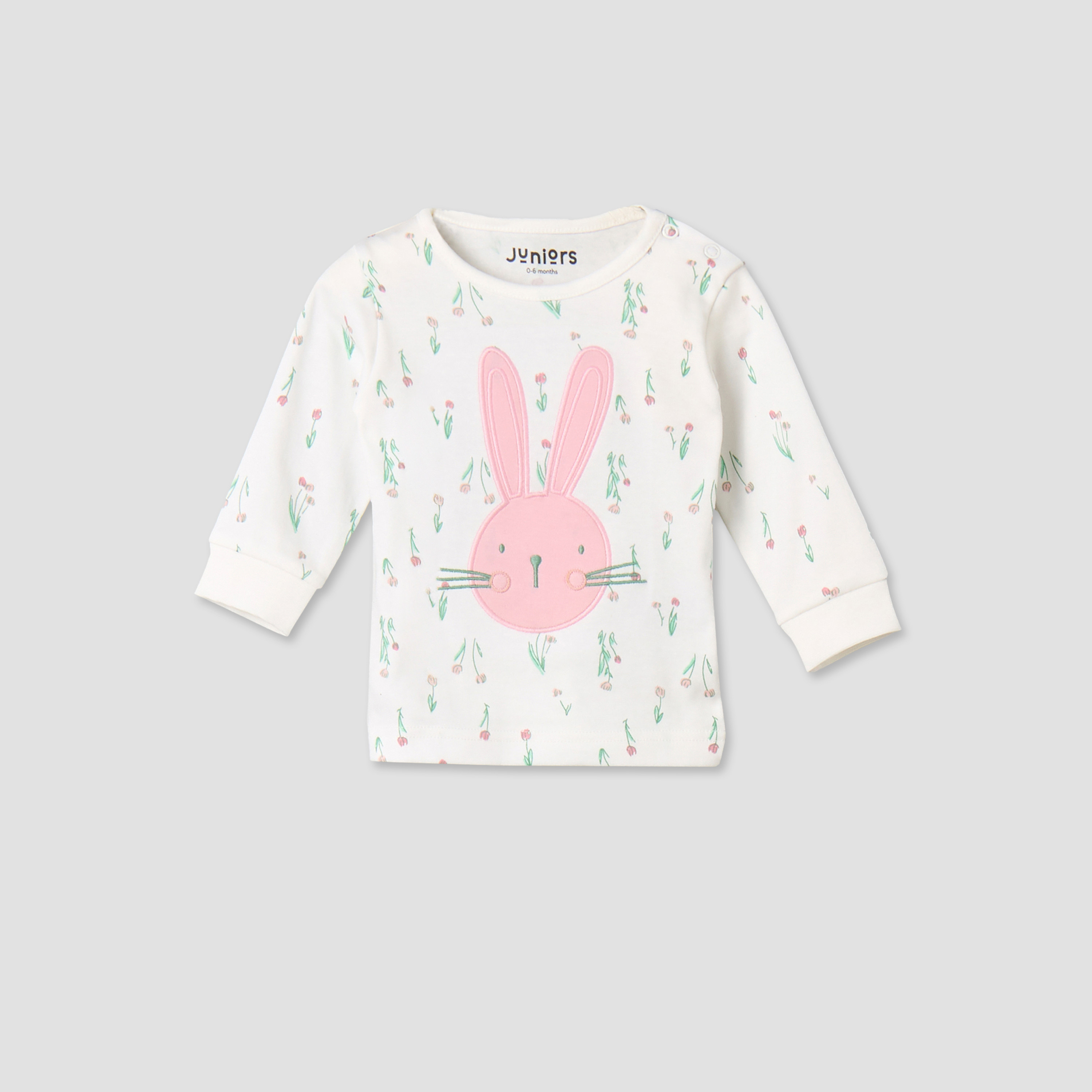 Juniors Cotton Long Sleeves Pyjama Set with Bunny Applique-baby-girls-clothing-nightwear-pyjamasets-image-3