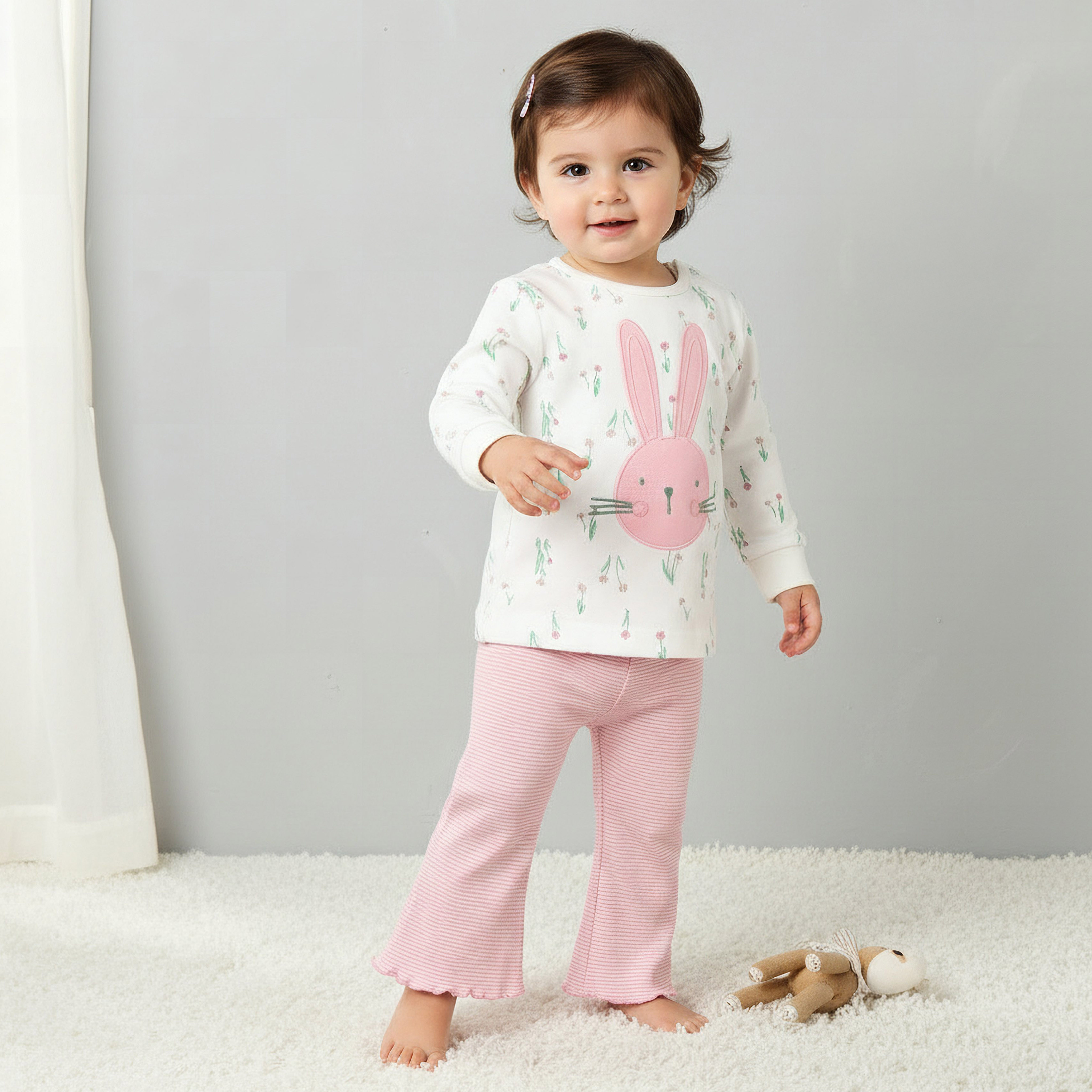 Juniors Cotton Long Sleeves Pyjama Set with Bunny Applique-baby-girls-clothing-nightwear-pyjamasets-image-1