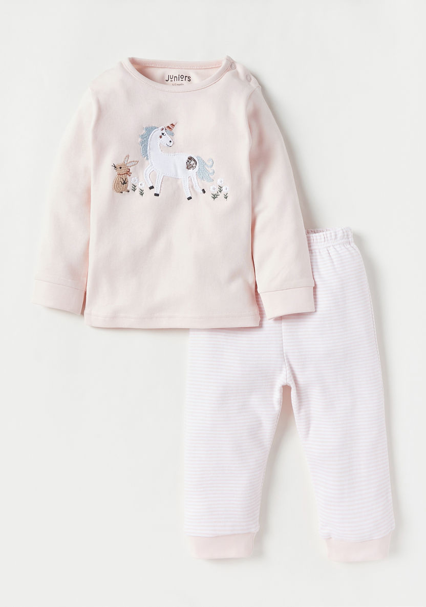 Juniors Unicorn Embroidered T-shirt and Pyjama Set-Pyjama Sets-image-0