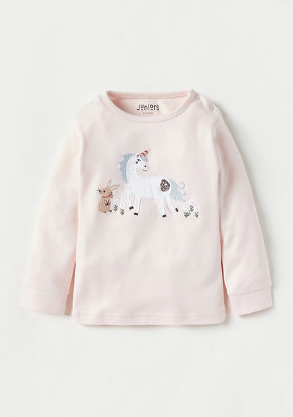 Juniors Unicorn Embroidered T-shirt and Pyjama Set-Pyjama Sets-image-1