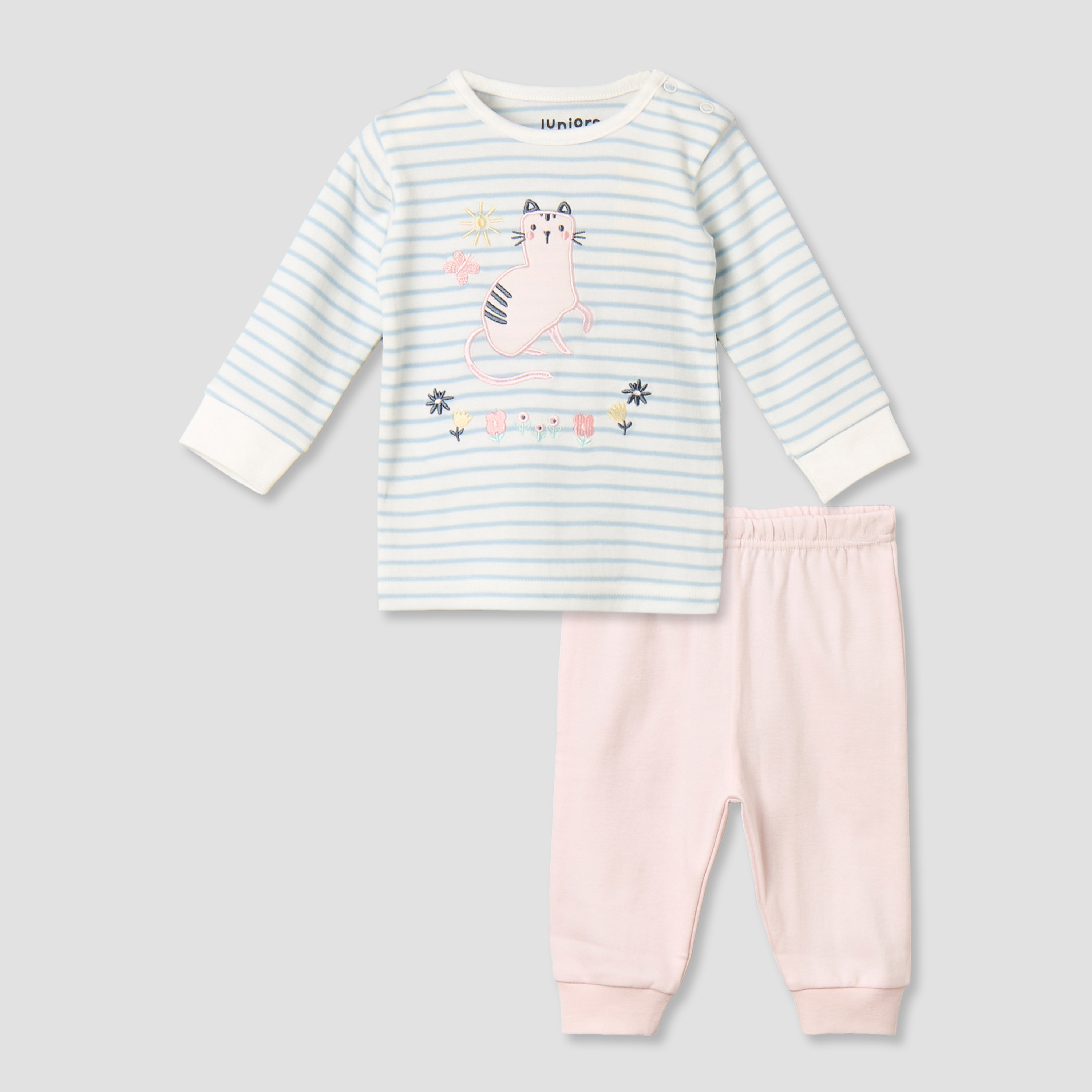 Juniors Cotton Round Neck Long Sleeves Pyjama Set with Cat Applique-baby-girls-clothing-nightwear-pyjamasets-image-2