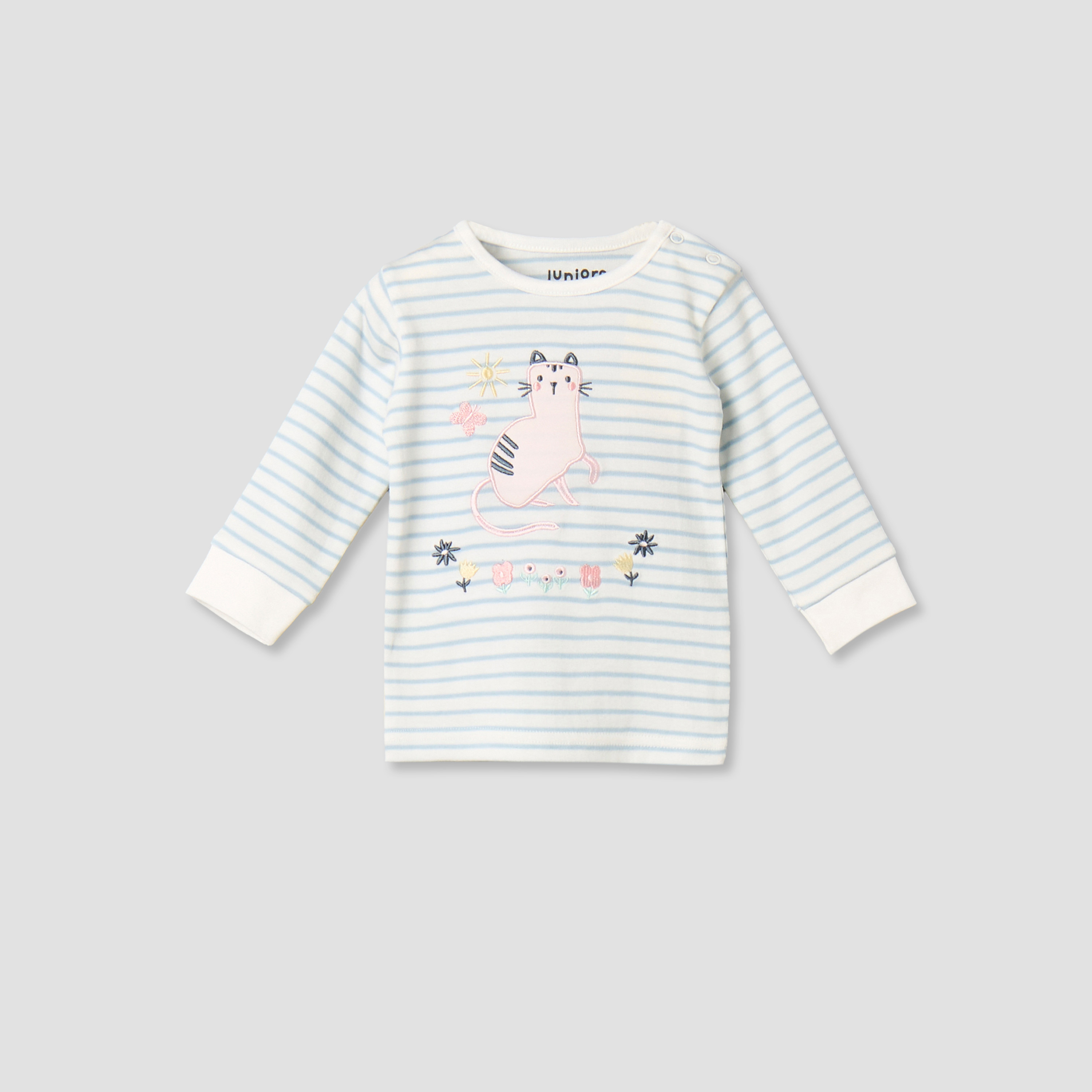 Juniors Cotton Round Neck Long Sleeves Pyjama Set with Cat Applique-baby-girls-clothing-nightwear-pyjamasets-image-3