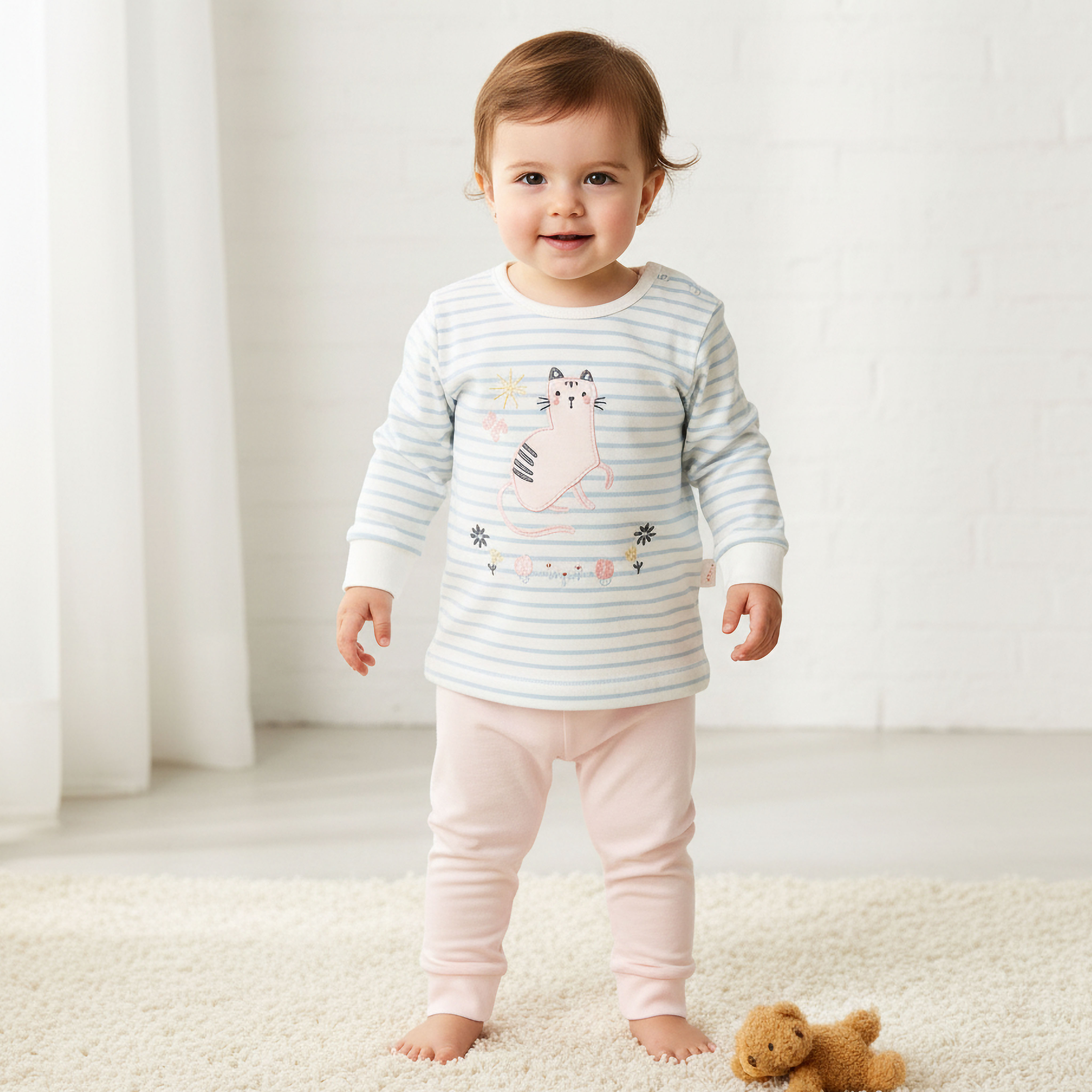 Juniors Cotton Round Neck Long Sleeves Pyjama Set with Cat Applique-baby-girls-clothing-nightwear-pyjamasets-image-1