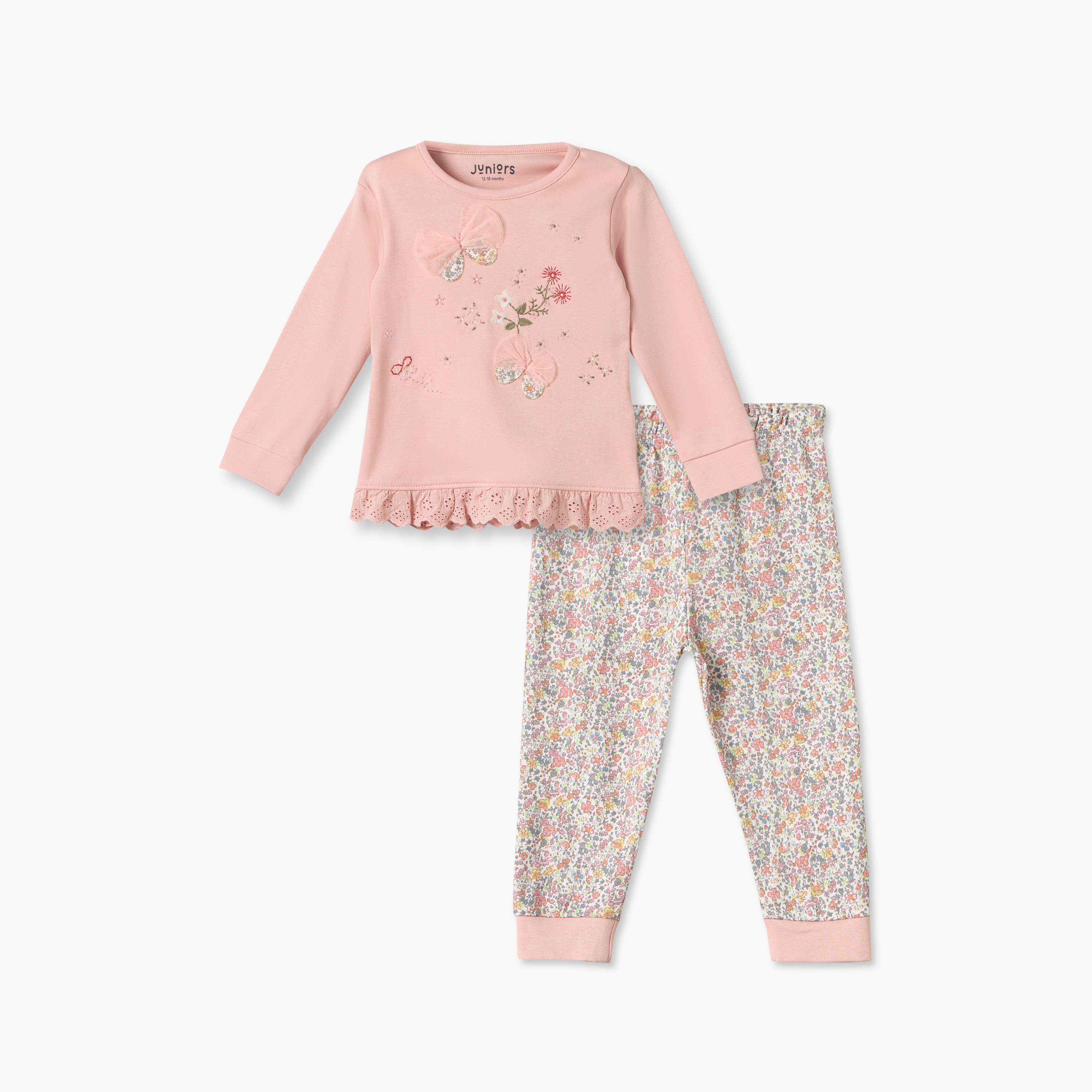 طقم بيجاما قطن بياقة مستديرة وأكمام طويلة بتطريزات زهور من جونيورز-baby-girls-clothing-nightwear-pyjamasets-image-1