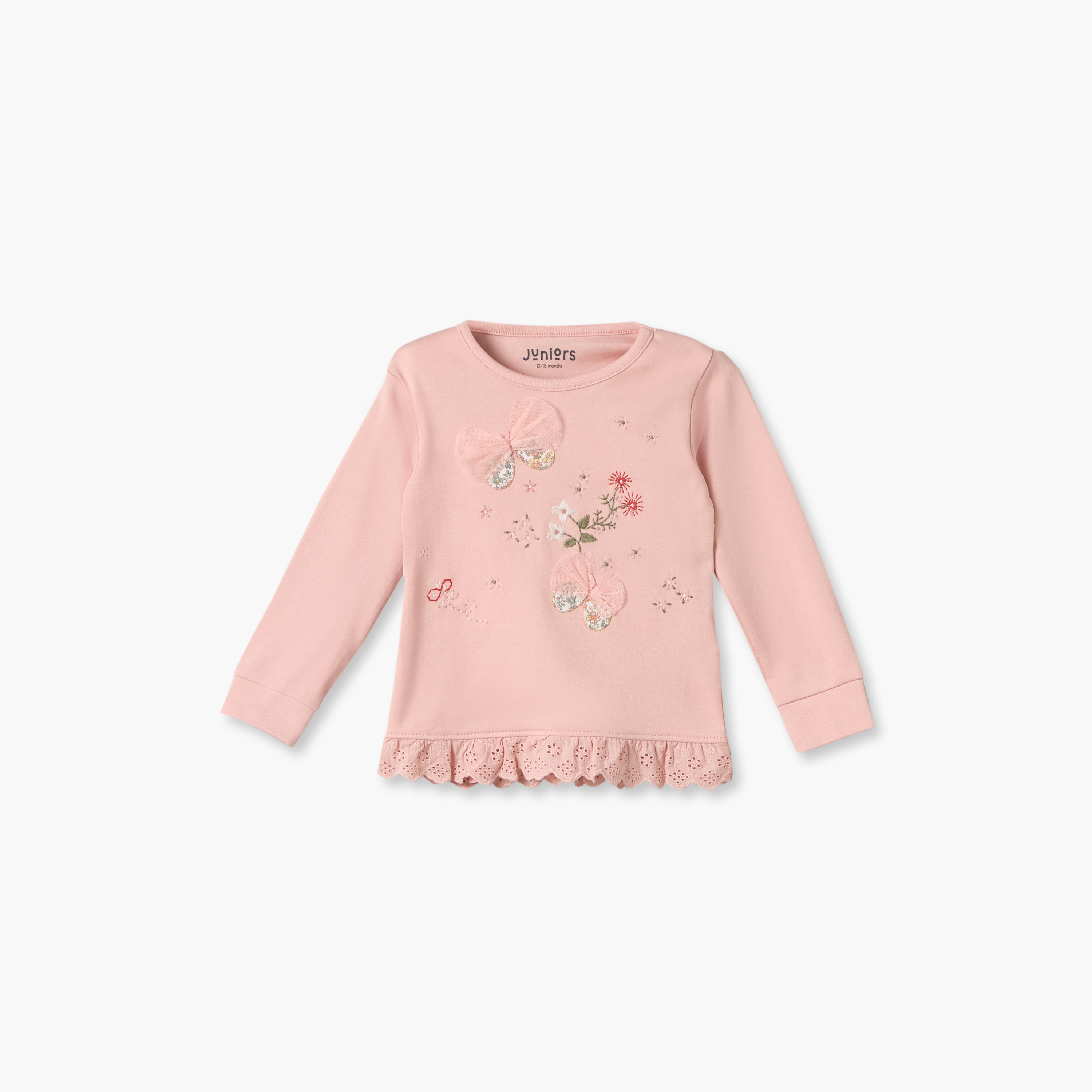 طقم بيجاما قطن بياقة مستديرة وأكمام طويلة بتطريزات زهور من جونيورز-baby-girls-clothing-nightwear-pyjamasets-image-2