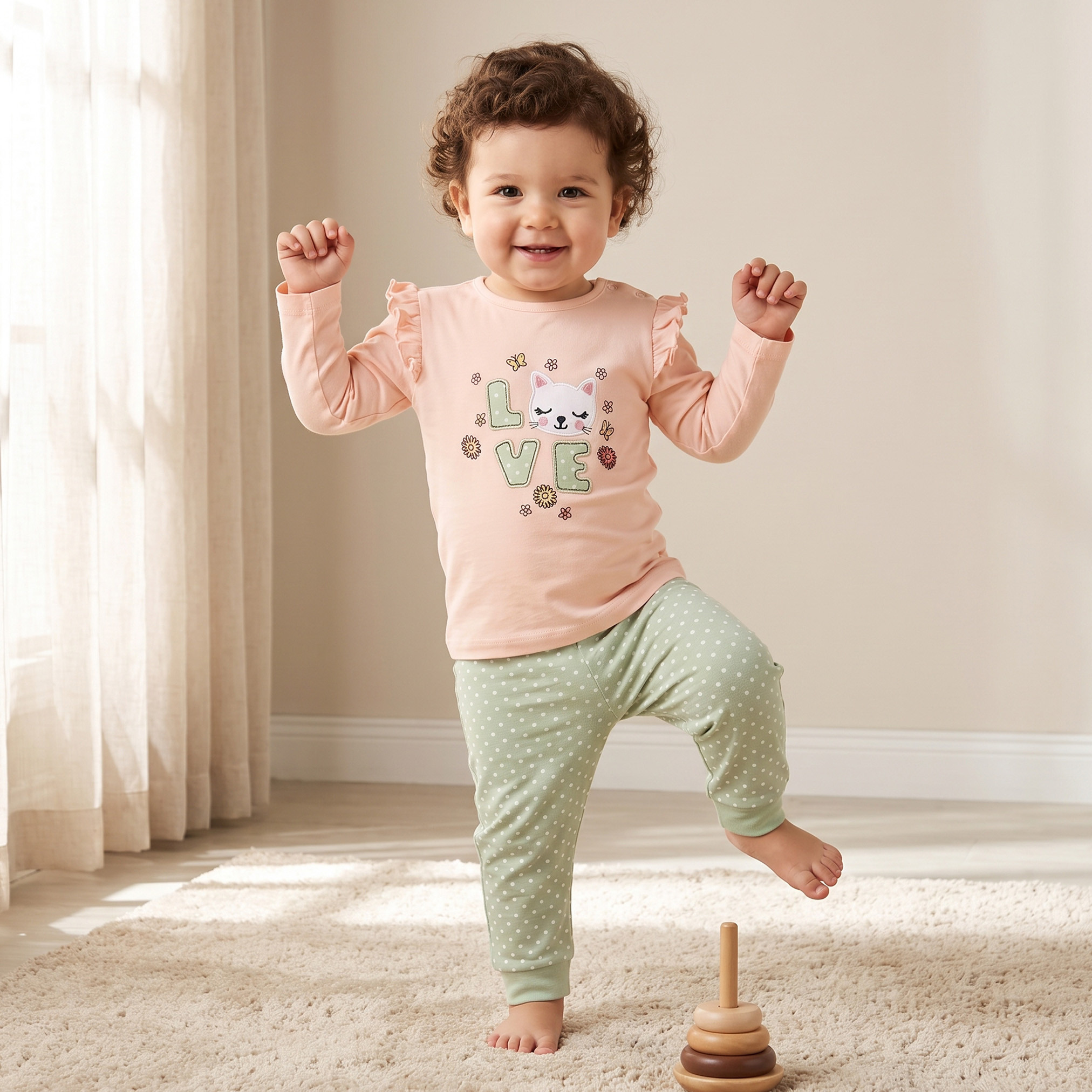 طقم بيجاما قطن بياقة ضيقة وأكمام طويلة وزخارف قطة من جونيورز-baby-girls-clothing-nightwear-pyjamasets-image-1