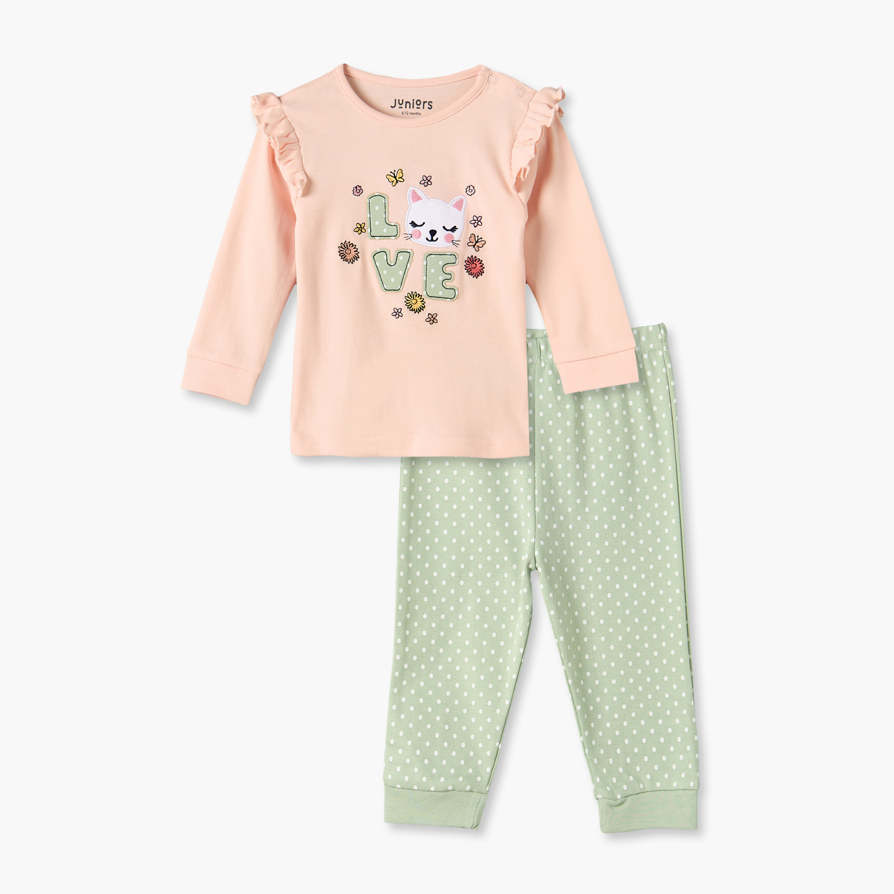 طقم بيجاما قطن بياقة ضيقة وأكمام طويلة وزخارف قطة من جونيورز-baby-girls-clothing-nightwear-pyjamasets-image-2