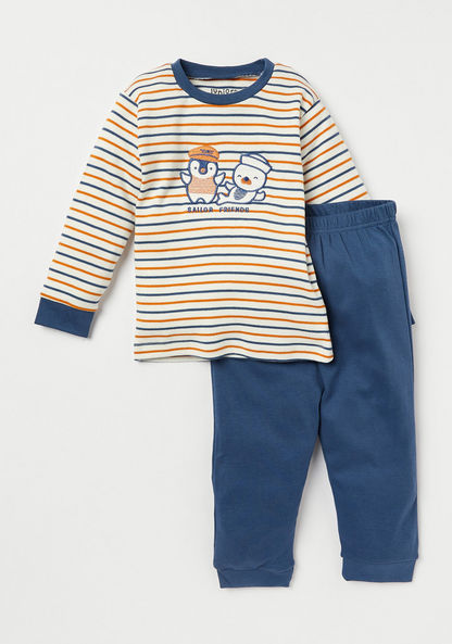 Juniors Penguin Embroidered T-shirt and Full Length Pyjama Set-Pyjama Sets-image-0