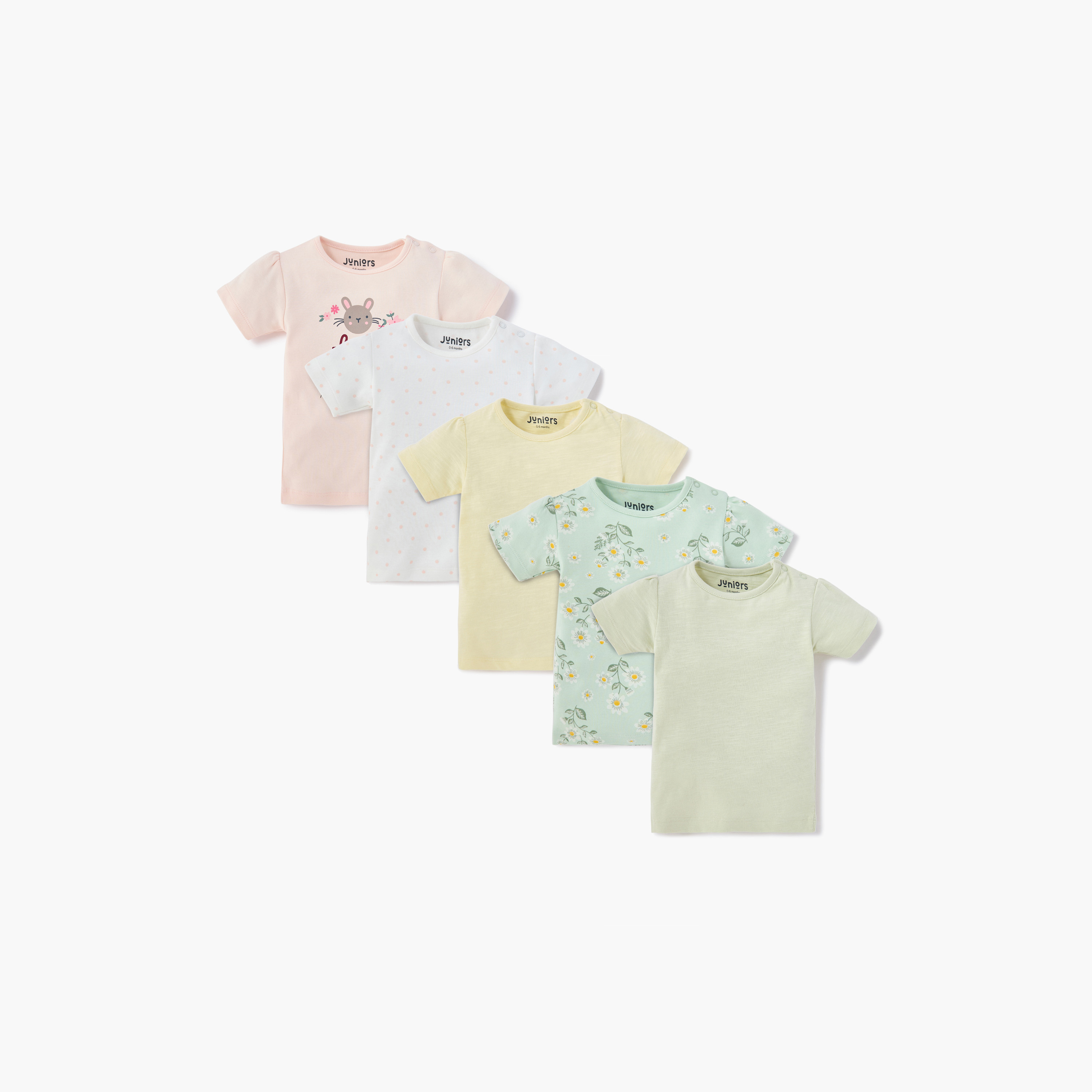 Juniors Printed T-shirt with Short Sleeves and Button Closure - Set of 5-baby-girls-clothing-tshirts-image-1