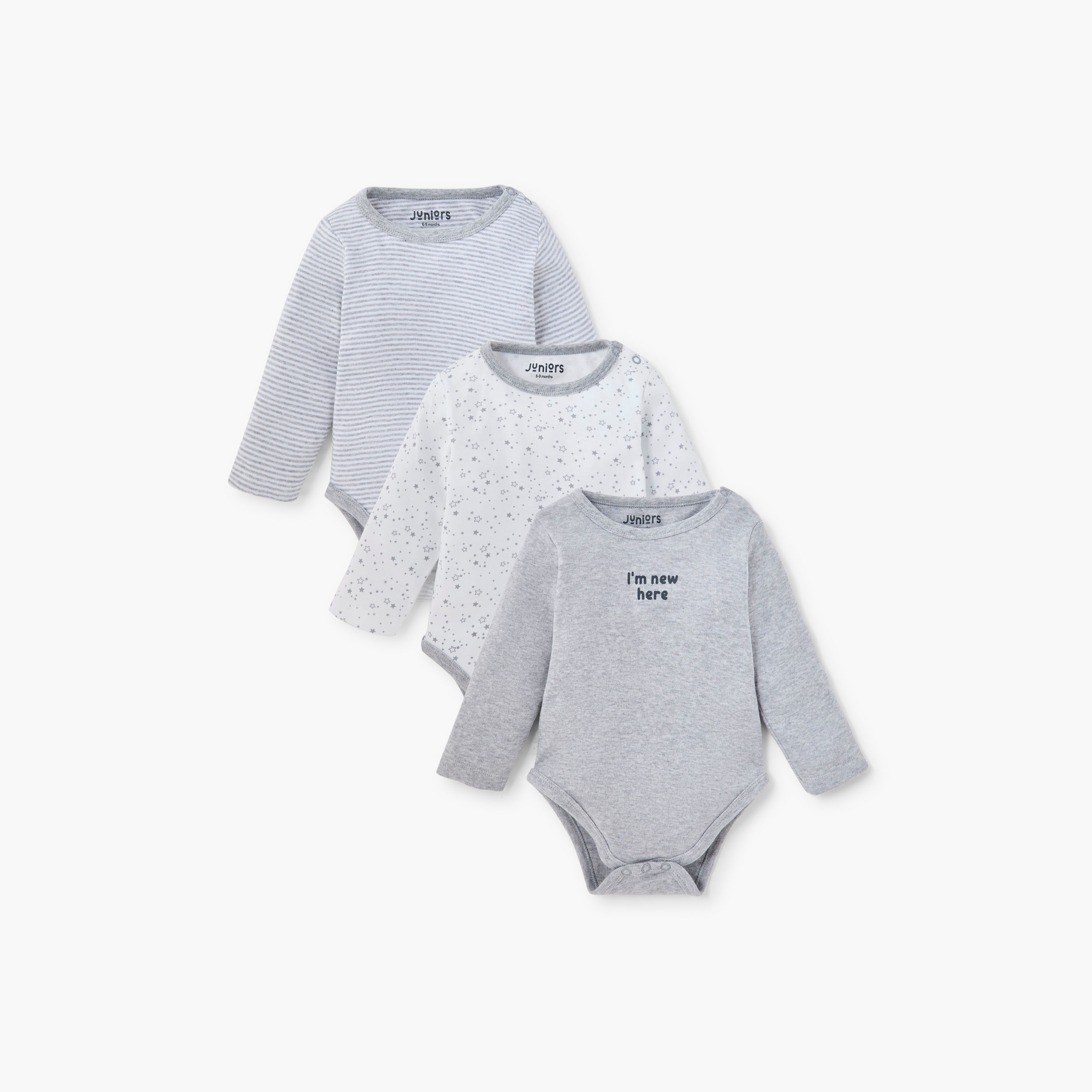 بودي سوت بياقة مستديرة وأكمام طويلة وطبعات من جونيورز - مجموعة من 3-baby-boys-clothing-bodysuits-image-1