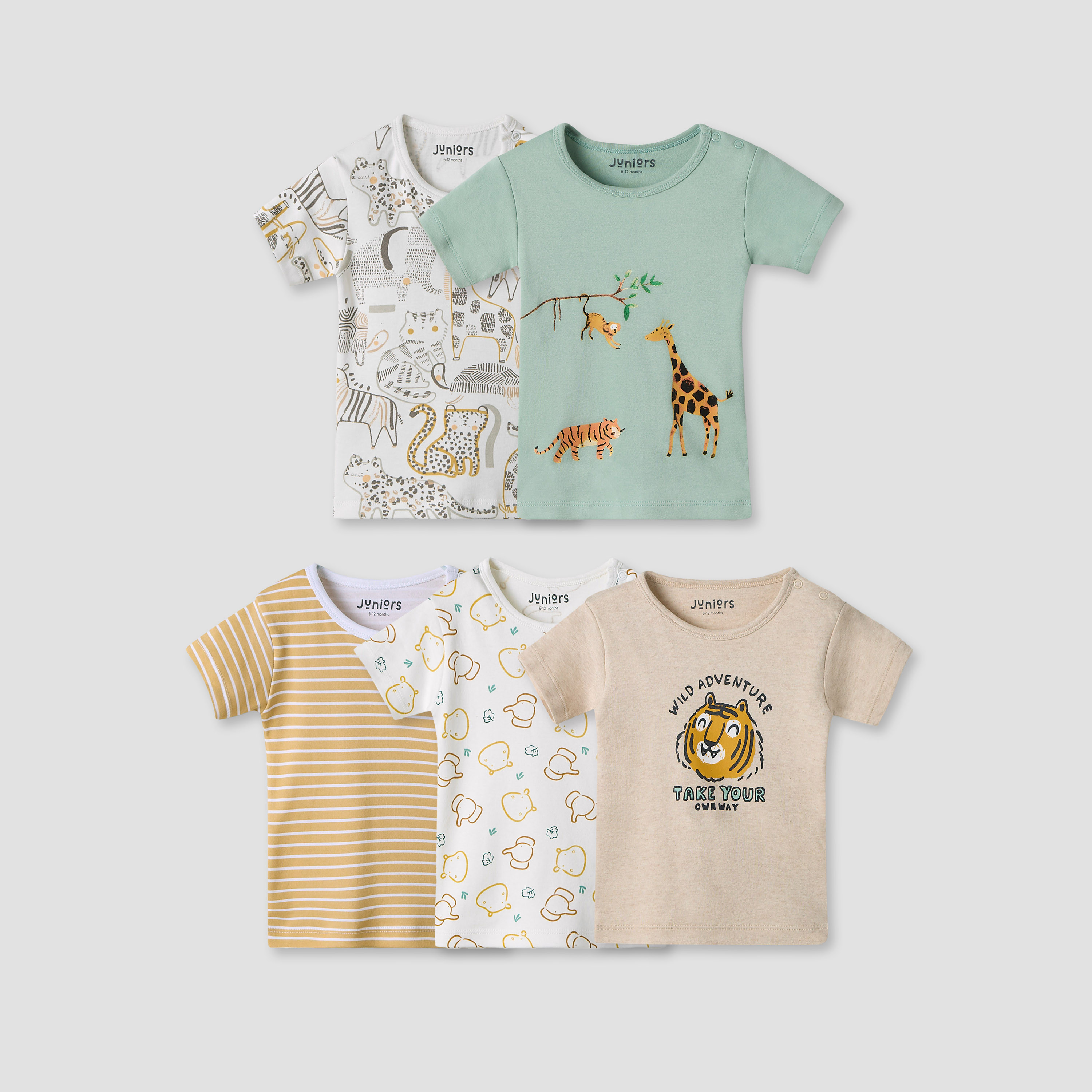 Juniors Girls Crew Neck T-shirt with Animal Print - Cotton - Short Sleeves - Set of 5-baby-girls-clothing-multipacks-image-1
