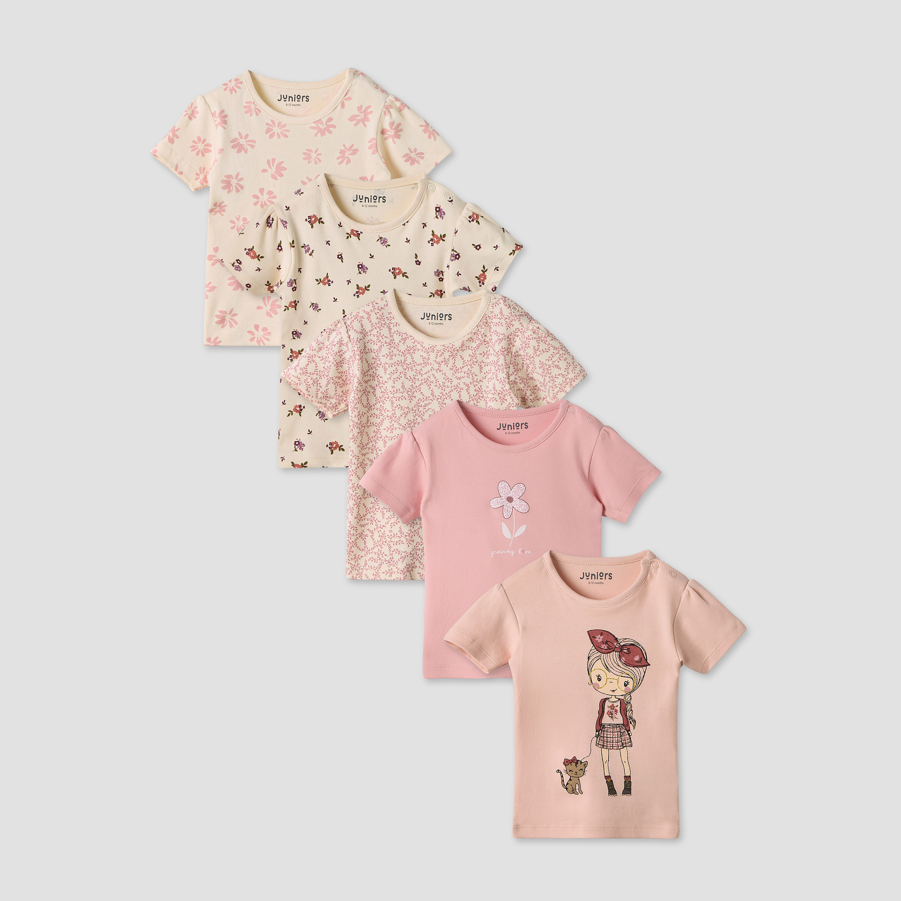 Juniors Girls Crew Neck T-shirt with Print - Cotton - Short Sleeves - Set of 5-baby-girls-clothing-multipacks-image-1