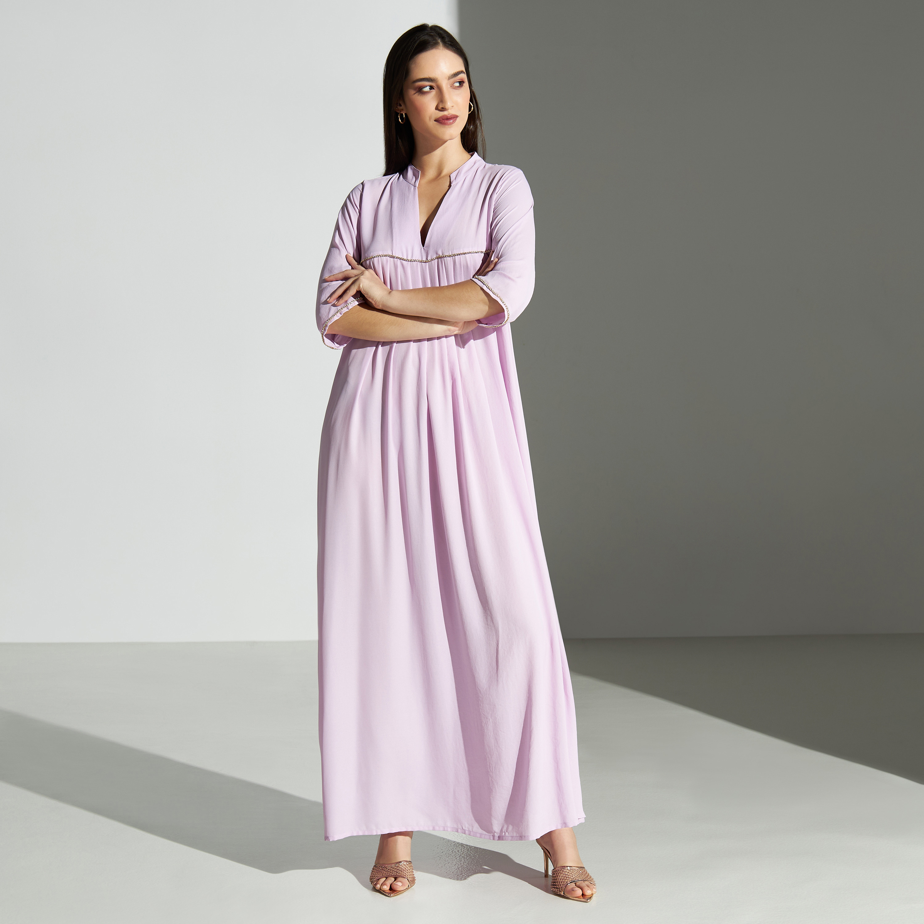 Si Noir Solid Band Collar Jalabiya with 3/4 Sleeves - for Mom-women-arabicclothing-jalabiyas-image-2