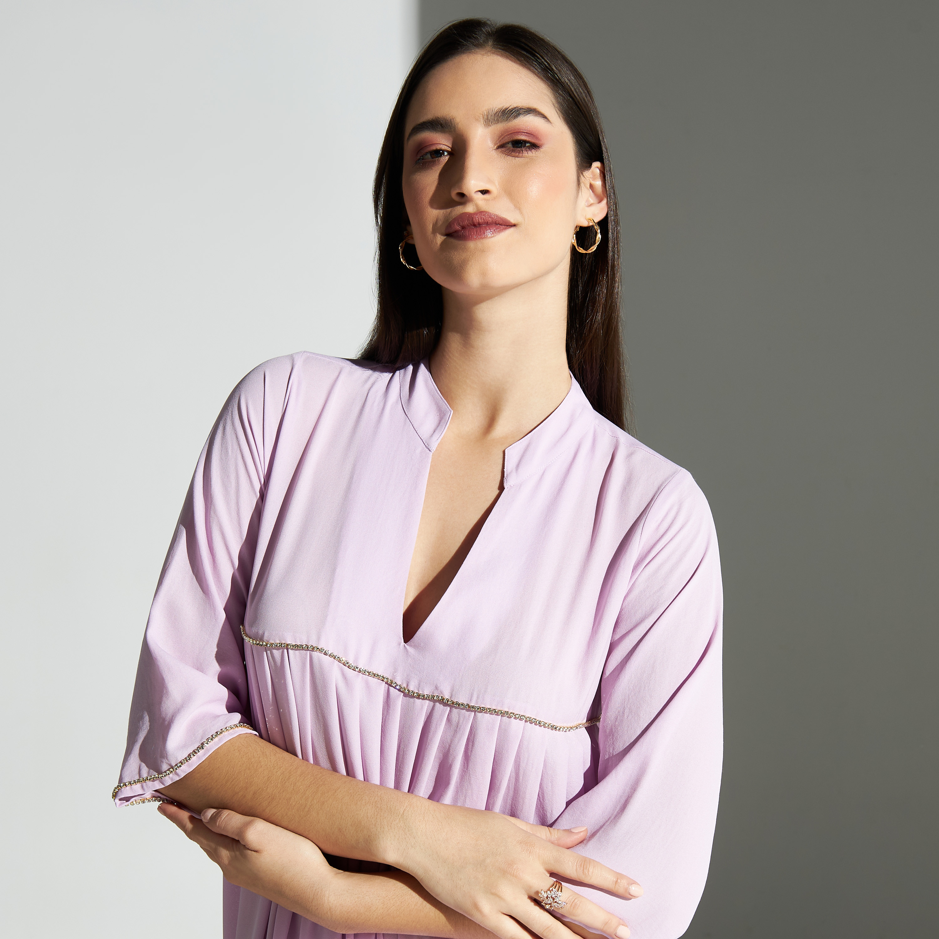 Si Noir Solid Band Collar Jalabiya with 3/4 Sleeves - for Mom-women-arabicclothing-jalabiyas-image-3