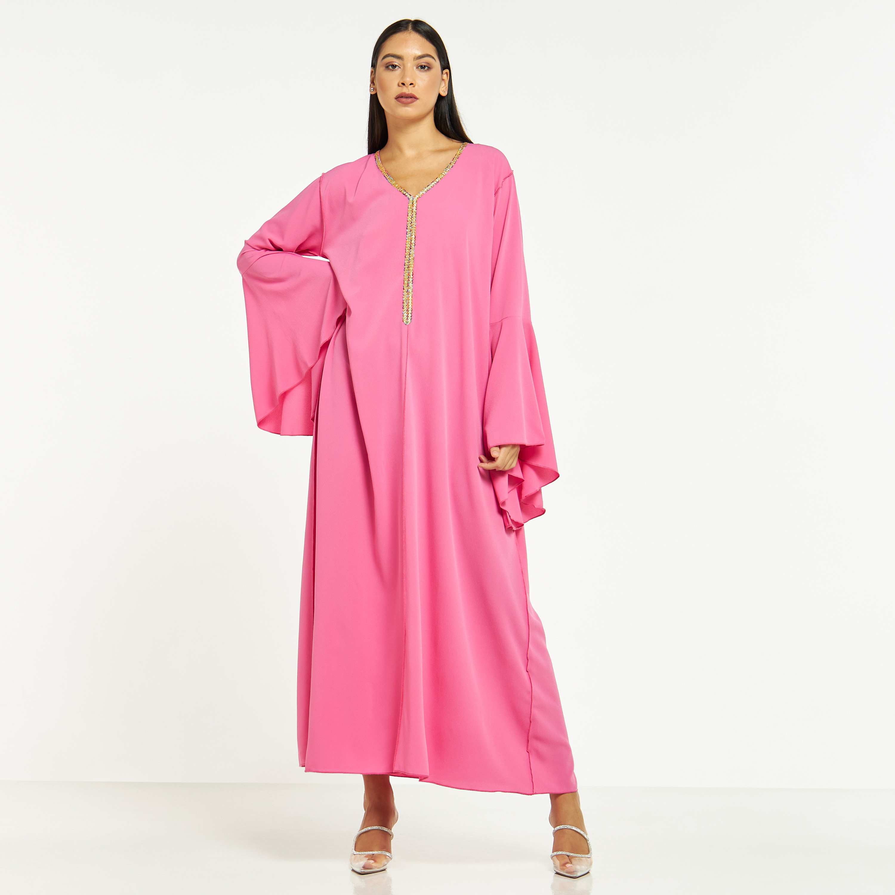 جلابية سادة بأكمام واسعة وياقة مزينة من سي نوار-women-arabicclothing-jalabiyas-image-1