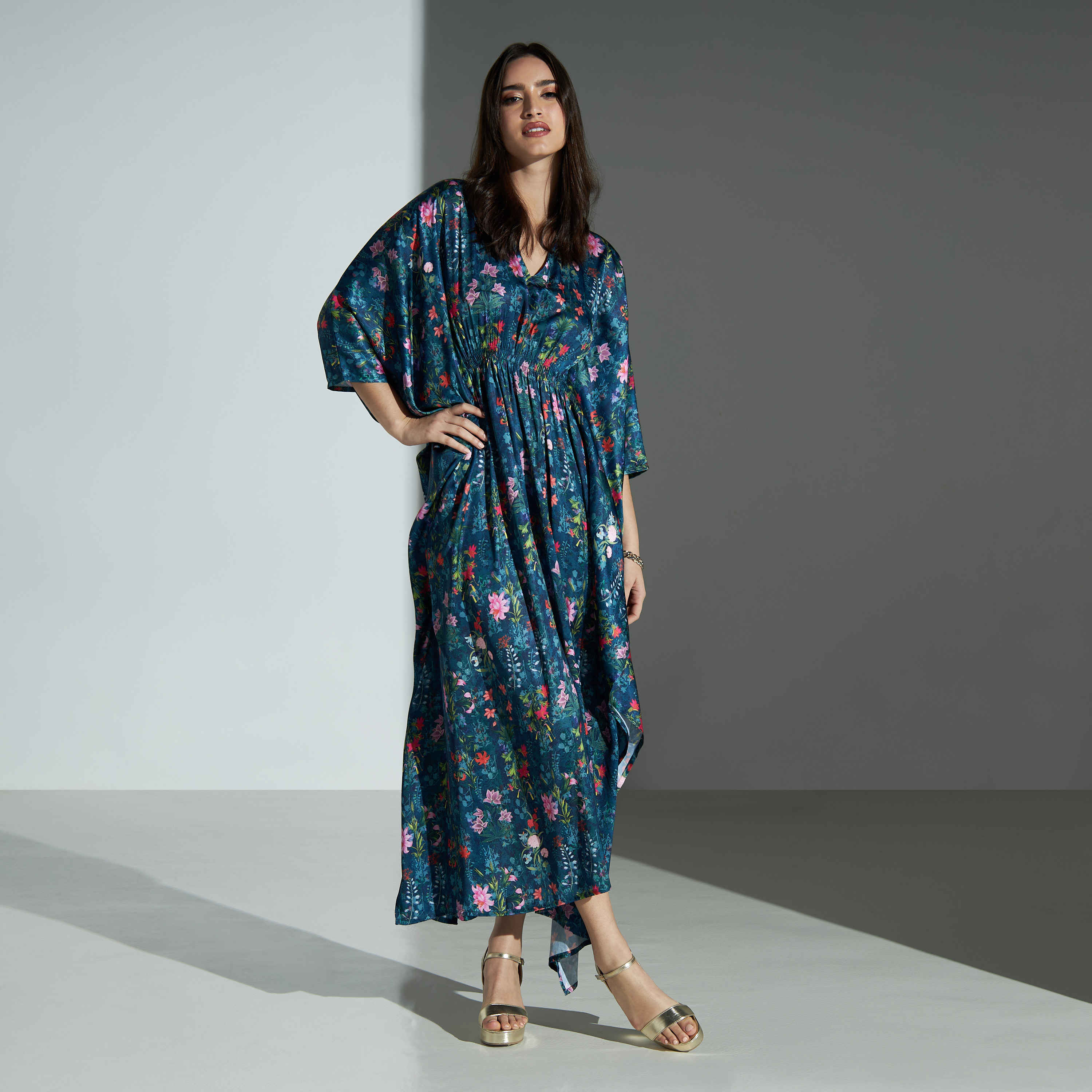 Si Noir All-Over Floral Print Maxi Dress with Kaftan Sleeves and V-neck - for Mom-women-arabicclothing-kaftan-image-2
