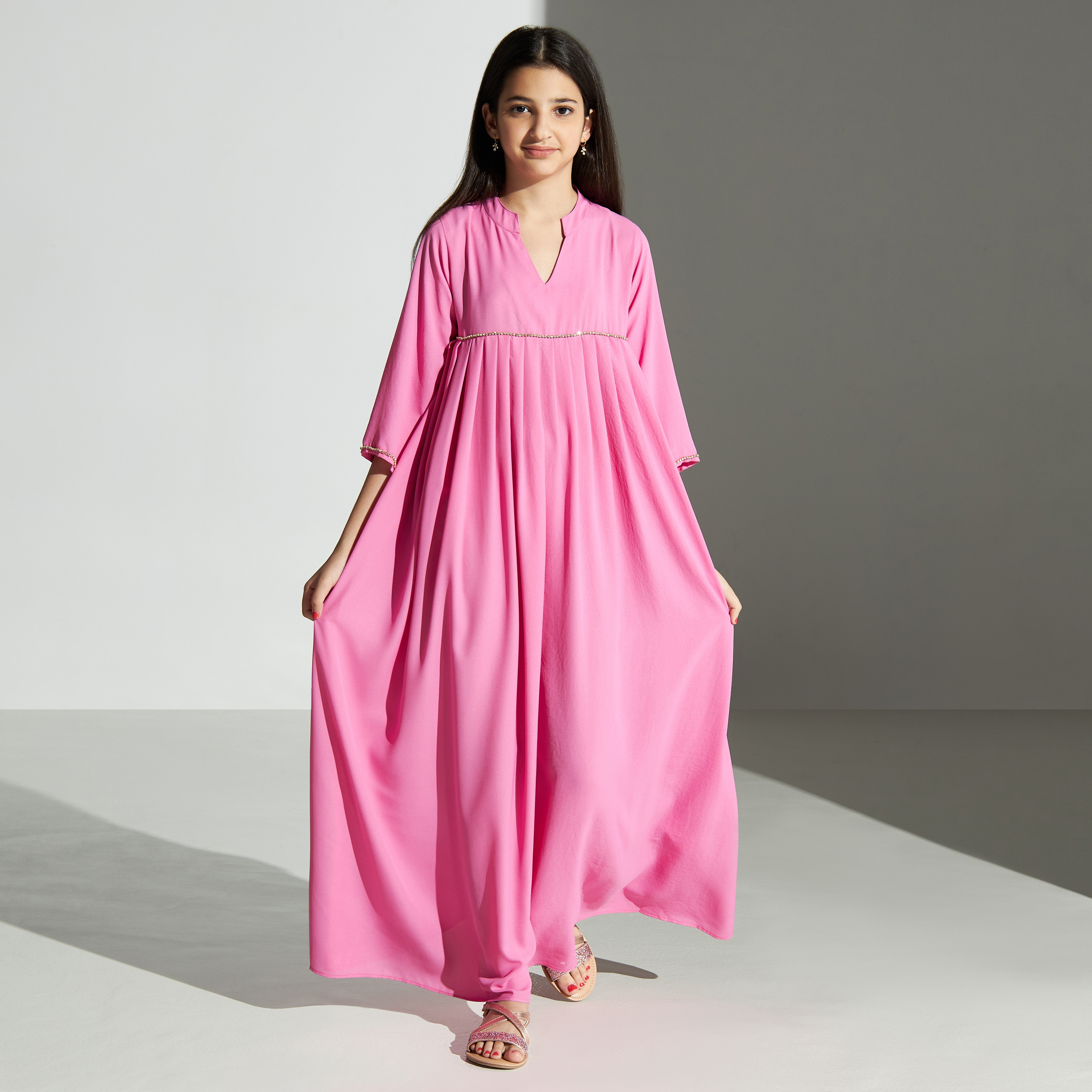 Si Noir Solid Band Collar Maxi Dress with 3/4 Sleeves - for Girl-girls-clothing-dressesandjumpsuits-image-1