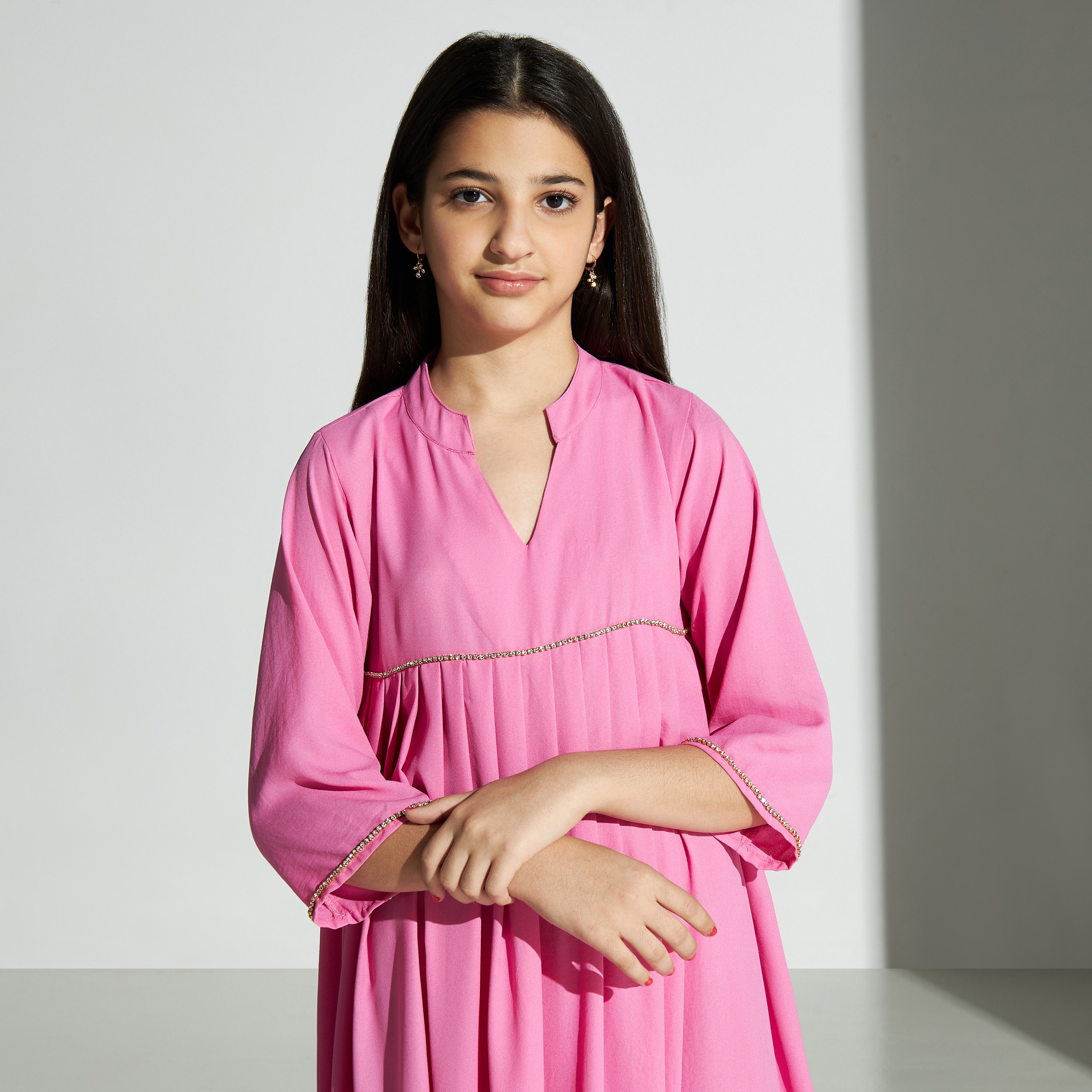 Si Noir Solid Band Collar Maxi Dress with 3/4 Sleeves - for Girl-girls-clothing-dressesandjumpsuits-image-3