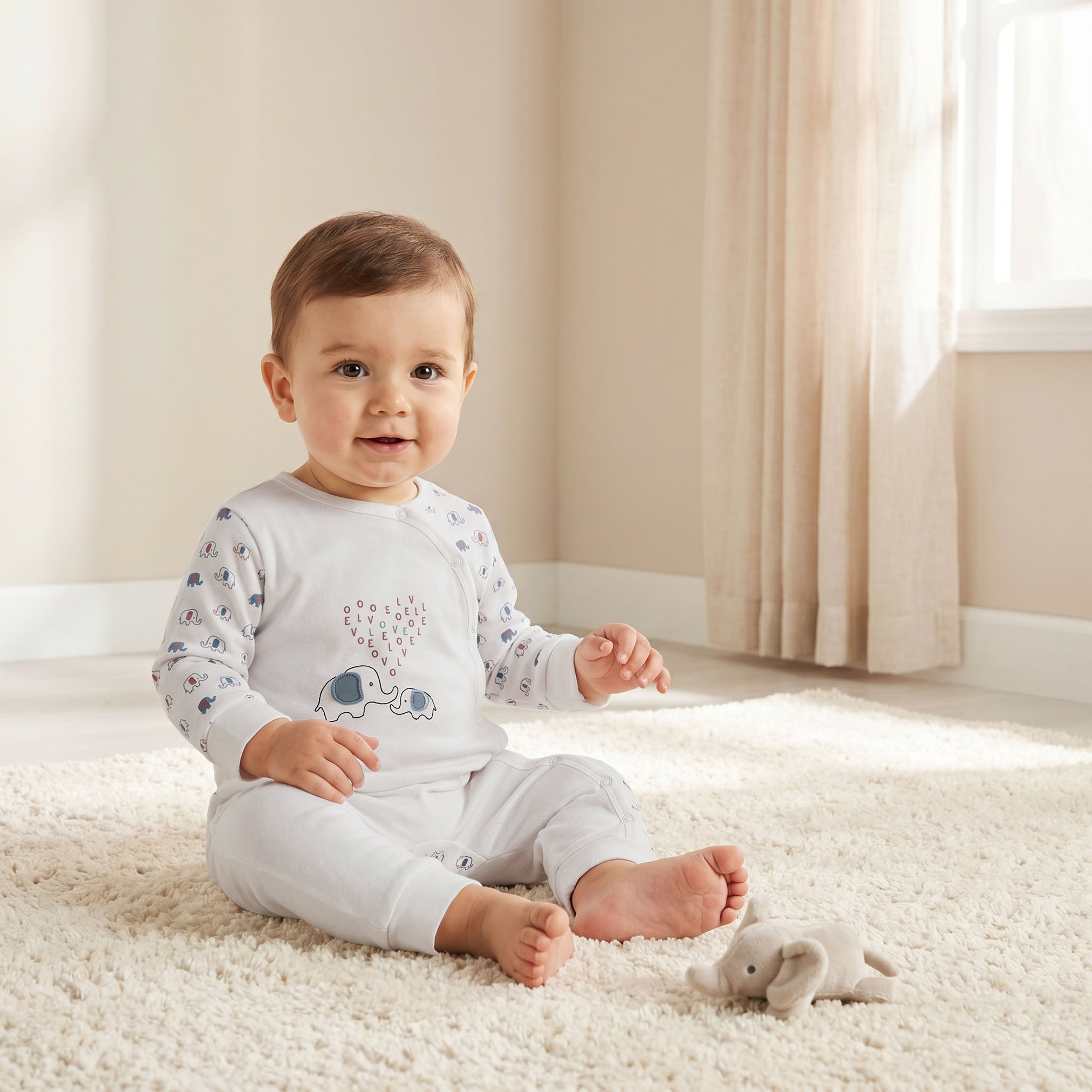 بدلة نوم قطن بياقة ضيقة وأكمام طويلة وطبعات فيل من جونيورز-baby-boys-clothing-nightwear-sleepsuits-image-1