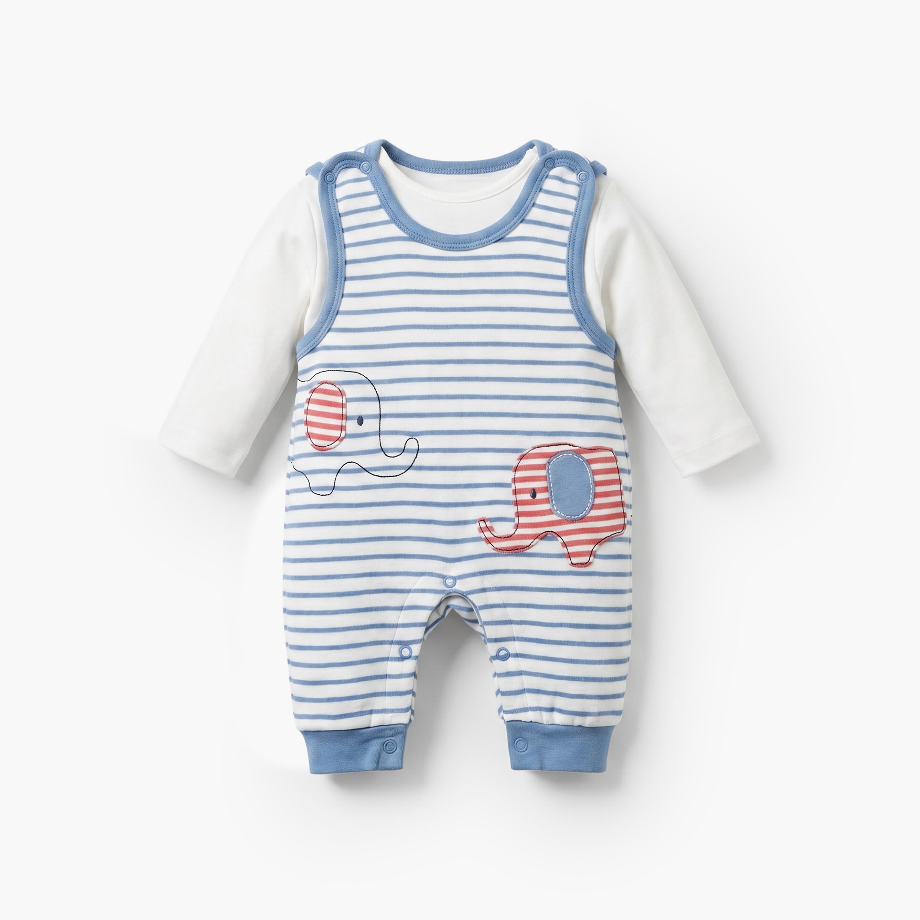 طقم تيشيرت يياقة ضيقة وأكمام قصيرة ودنغري مخطط من جونيورز-baby-boys-clothing-setsandcoords-image-2