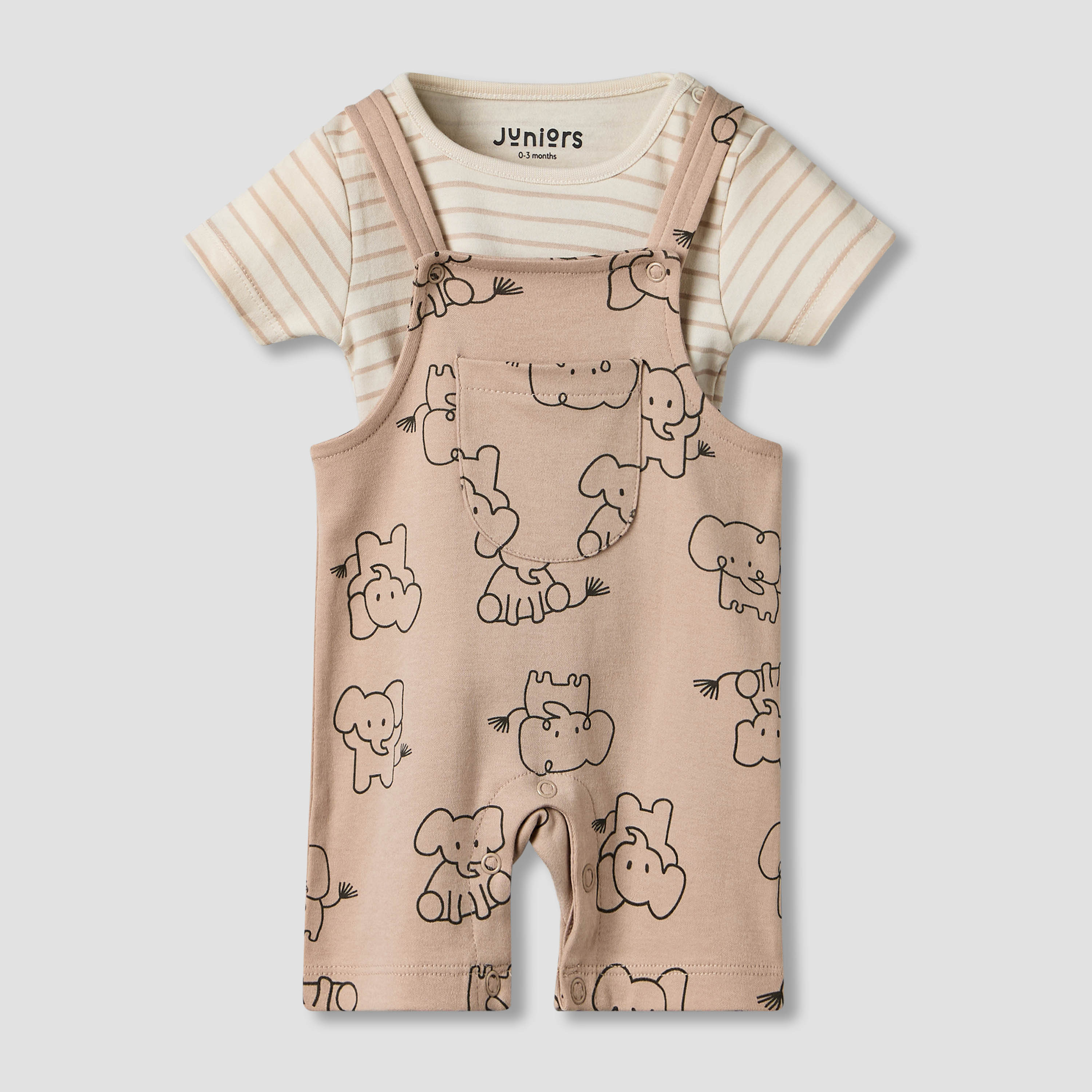 Juniors Round Neck Short Sleeves T-shirt and Dungaree Set with Elephant Print-baby-boys-clothing-setsandcoords-image-1