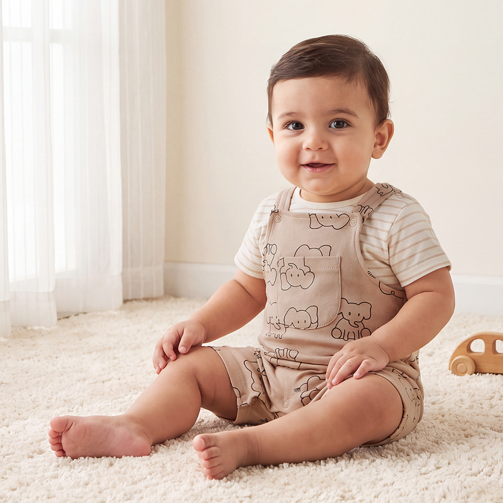 Juniors Round Neck Short Sleeves T-shirt and Dungaree Set with Elephant Print-baby-boys-clothing-setsandcoords-image-1