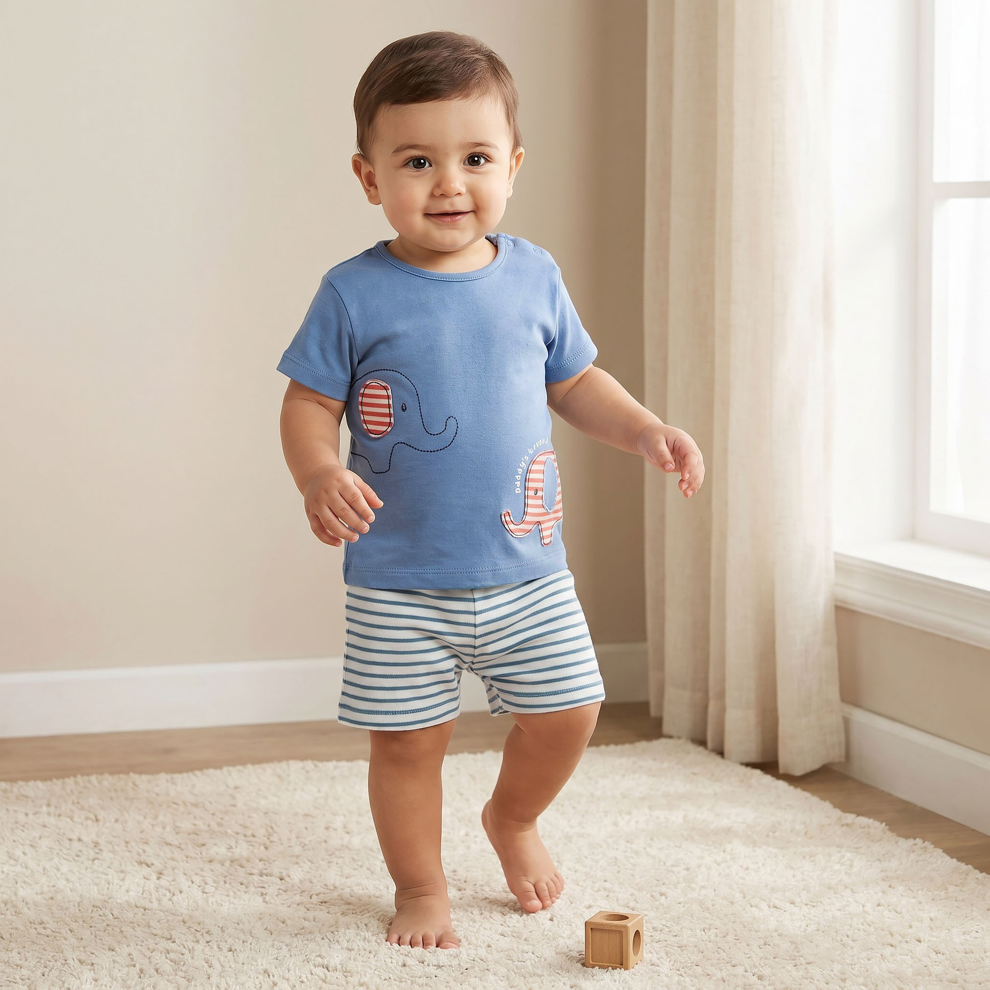 طقم شورت وتيشيرت قطن برقبة مستديرة وأكمام قصيرة وزخارف فيل من جونيورز-baby-boys-clothing-nightwear-pyjamasets-image-1