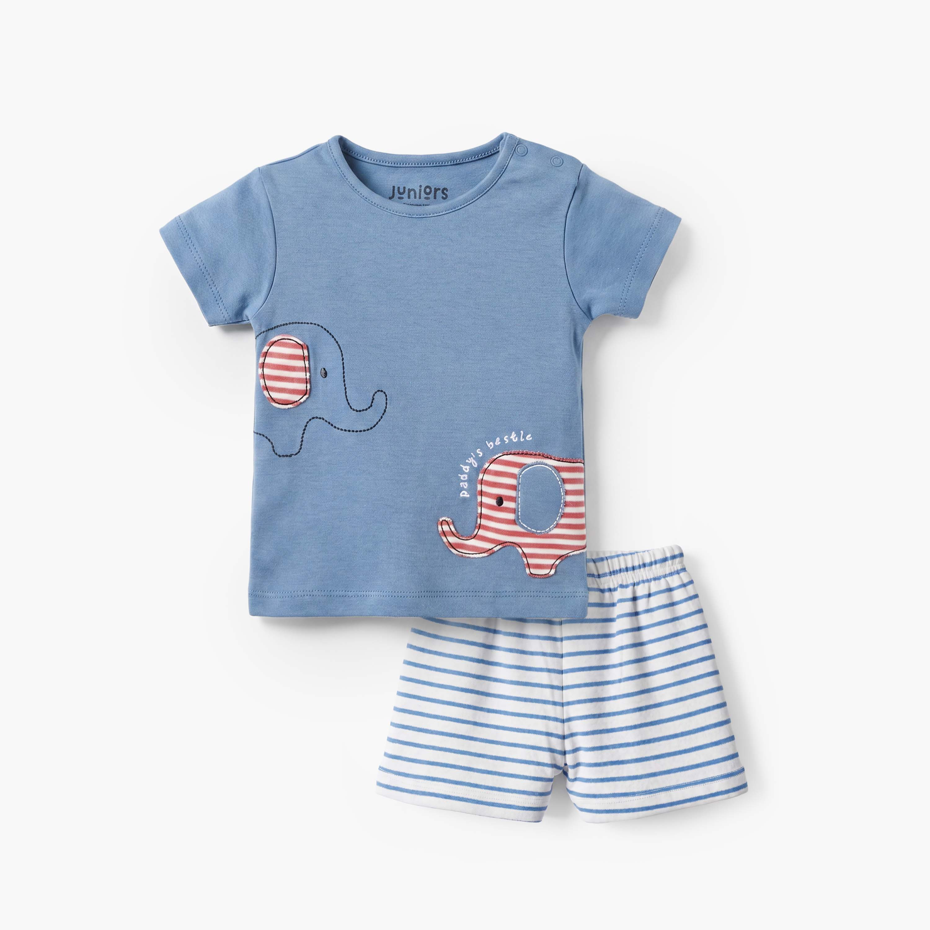 طقم شورت وتيشيرت قطن برقبة مستديرة وأكمام قصيرة وزخارف فيل من جونيورز-baby-boys-clothing-nightwear-pyjamasets-image-2