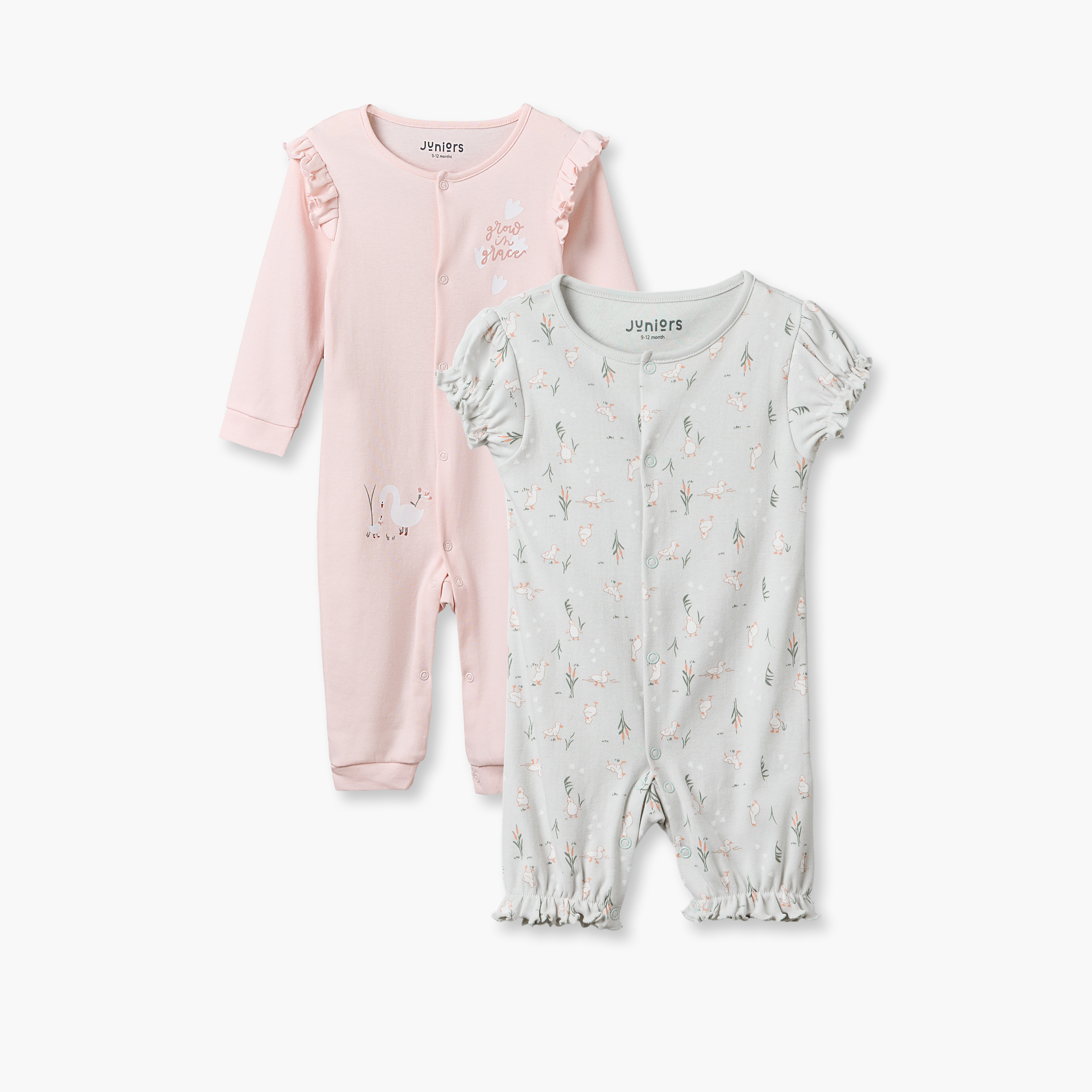 Pack of 2 Juniors Round Neck Long Sleeves Sleepsuit and Romper Set with Duck Print-baby-girls-clothing-rompers-image-1