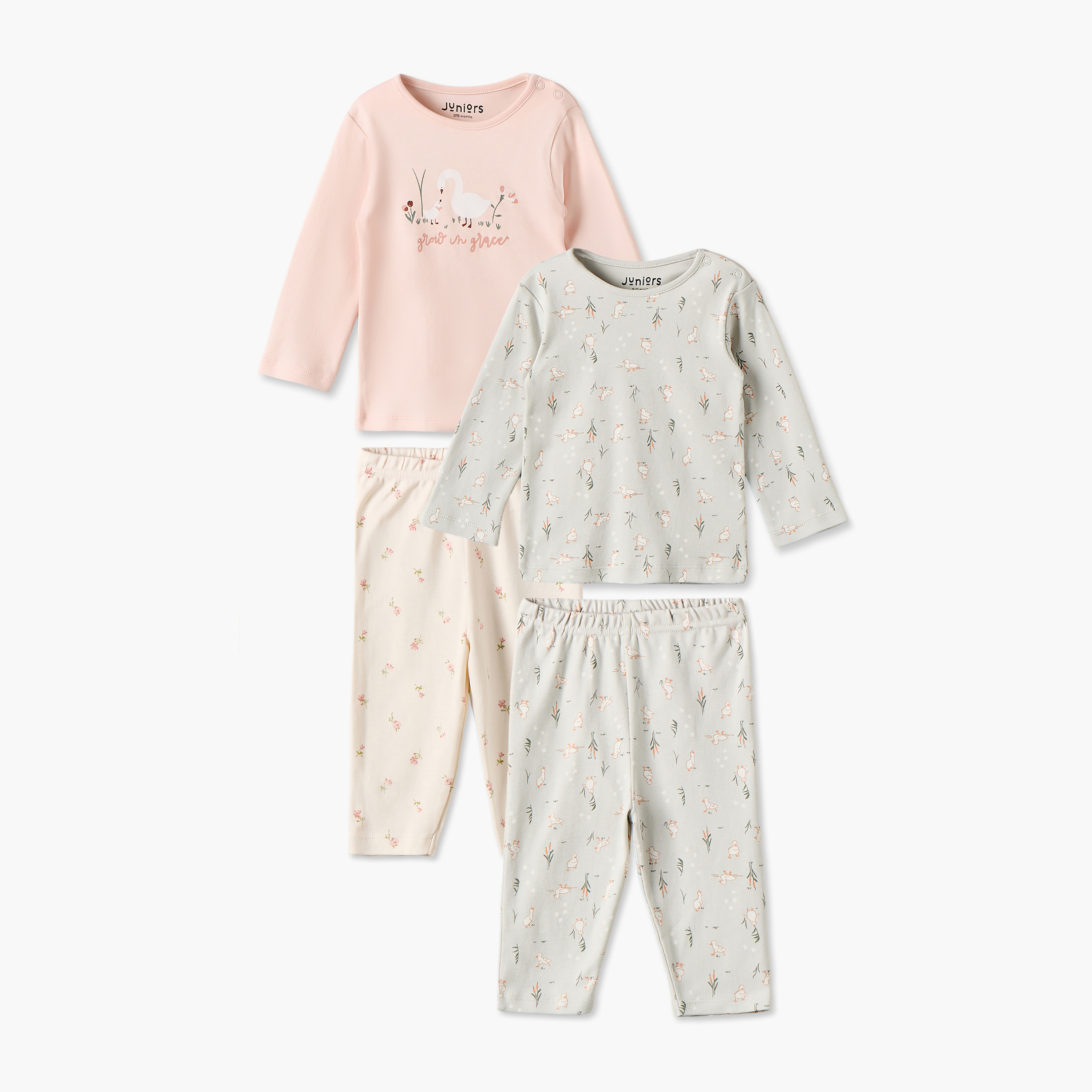 Juniors Cotton Crew Neck Long Sleeves Pyjama Set with Floral Print-baby-girls-clothing-nightwear-pyjamasets-image-1