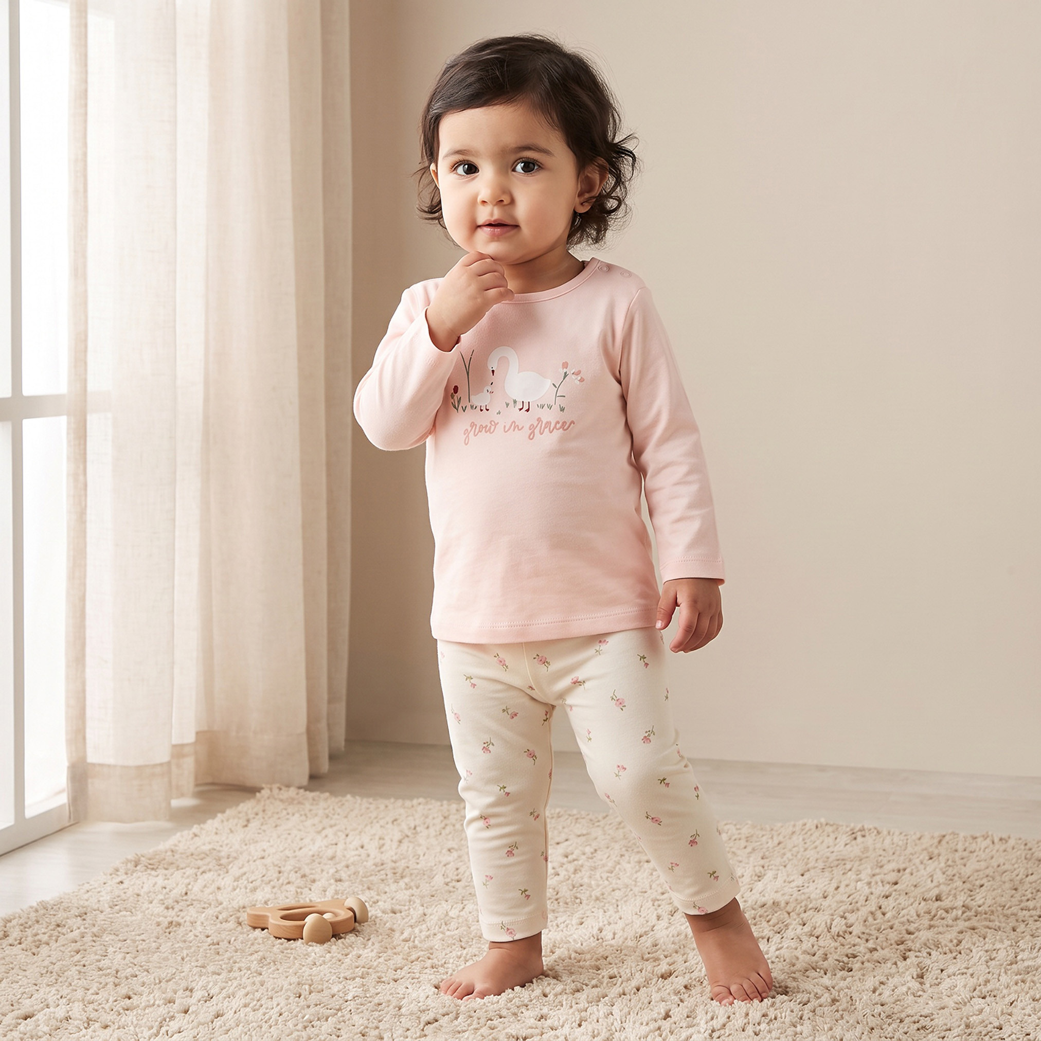 طقم بيجاما قطن بياقة ضيقة وأكمام طويلة وطبعات زهرية من جونيورز-baby-girls-clothing-nightwear-pyjamasets-image-2