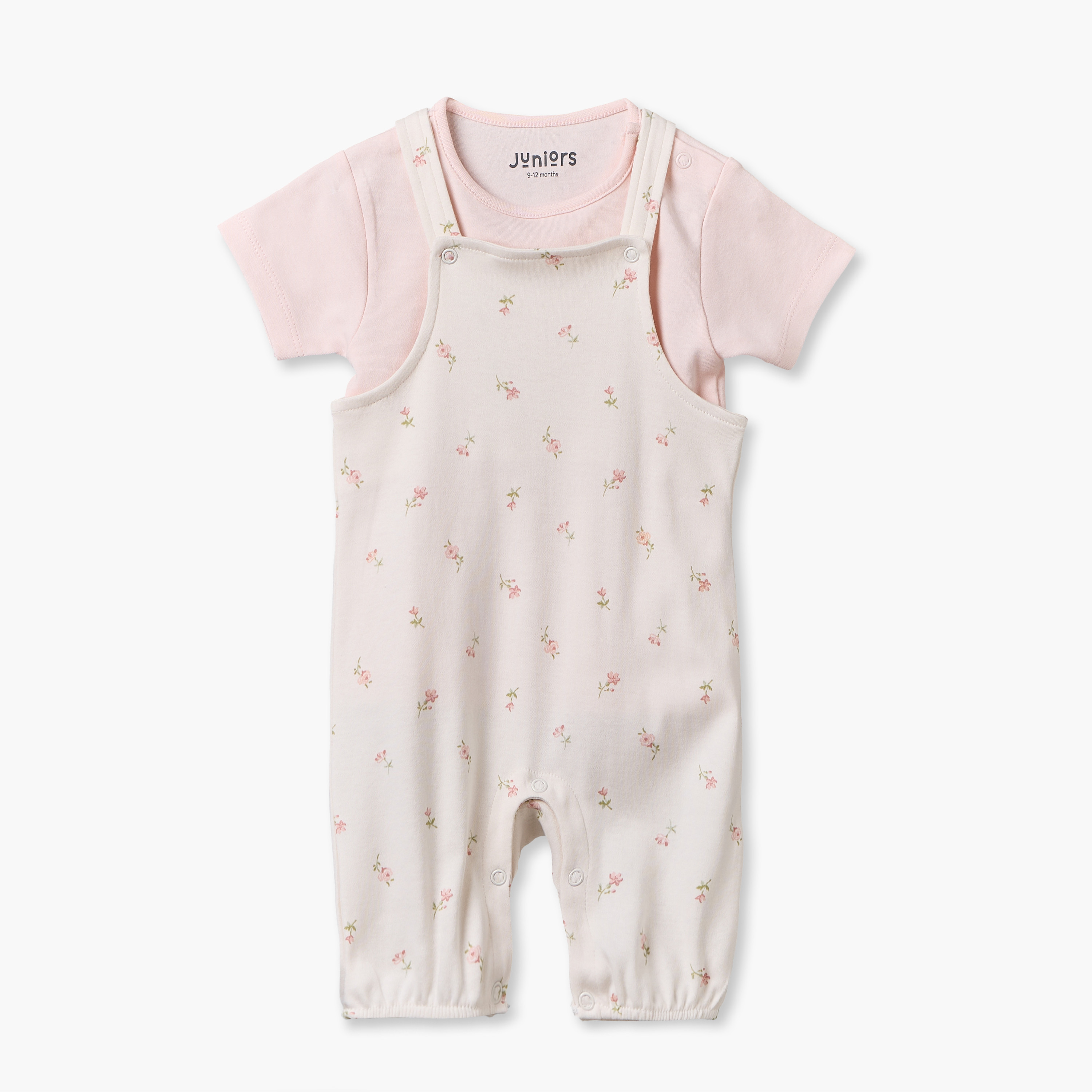 Juniors Crew Neck Short Sleeves T-shirt and Dungaree Set with Floral Print-baby-girls-clothing-setsandcoords-image-1