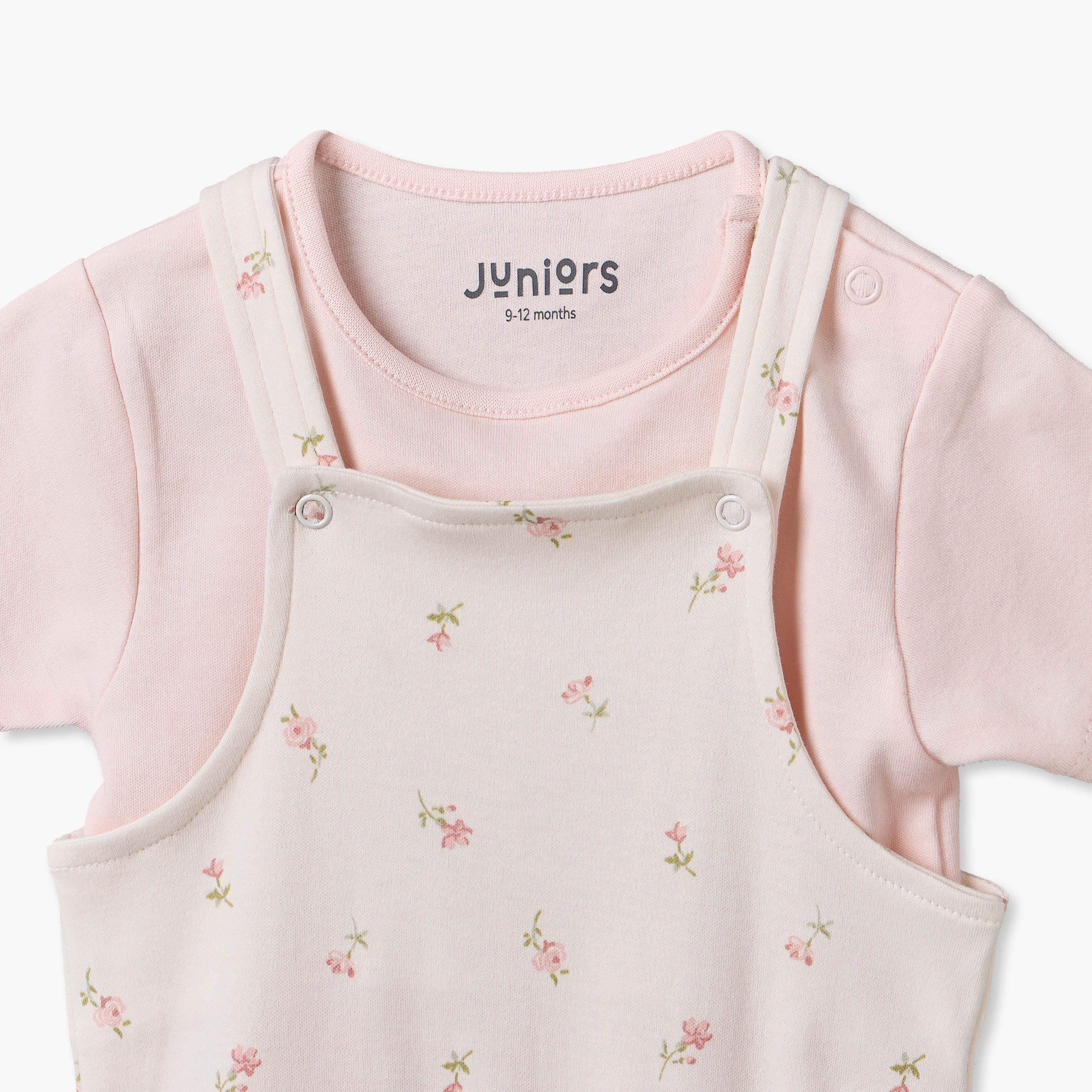 Juniors Crew Neck Short Sleeves T-shirt and Dungaree Set with Floral Print-baby-girls-clothing-setsandcoords-image-5