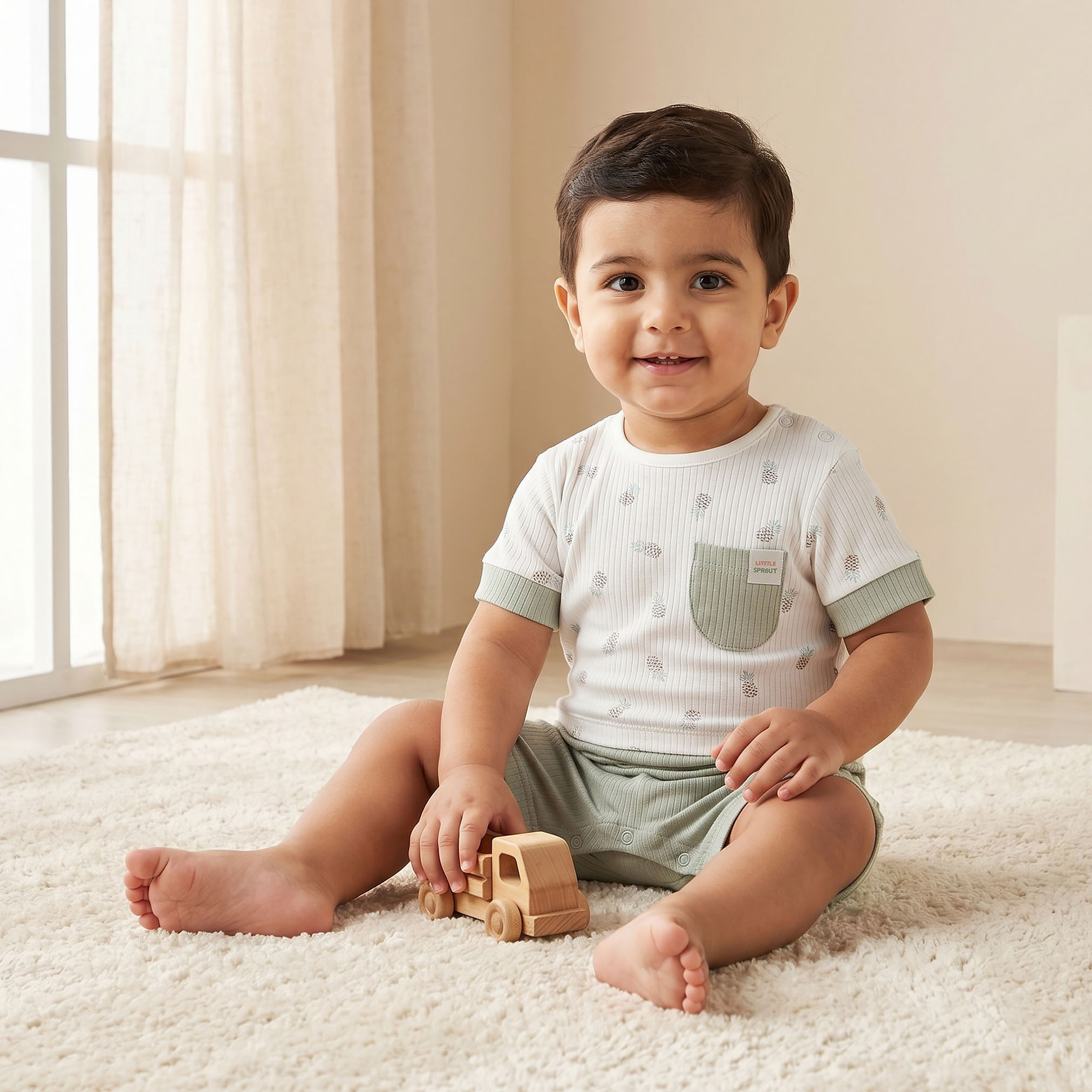 Juniors Crew Neck Short Sleeves Romper with Pineapple Print-baby-boys-clothing-rompers-image-1