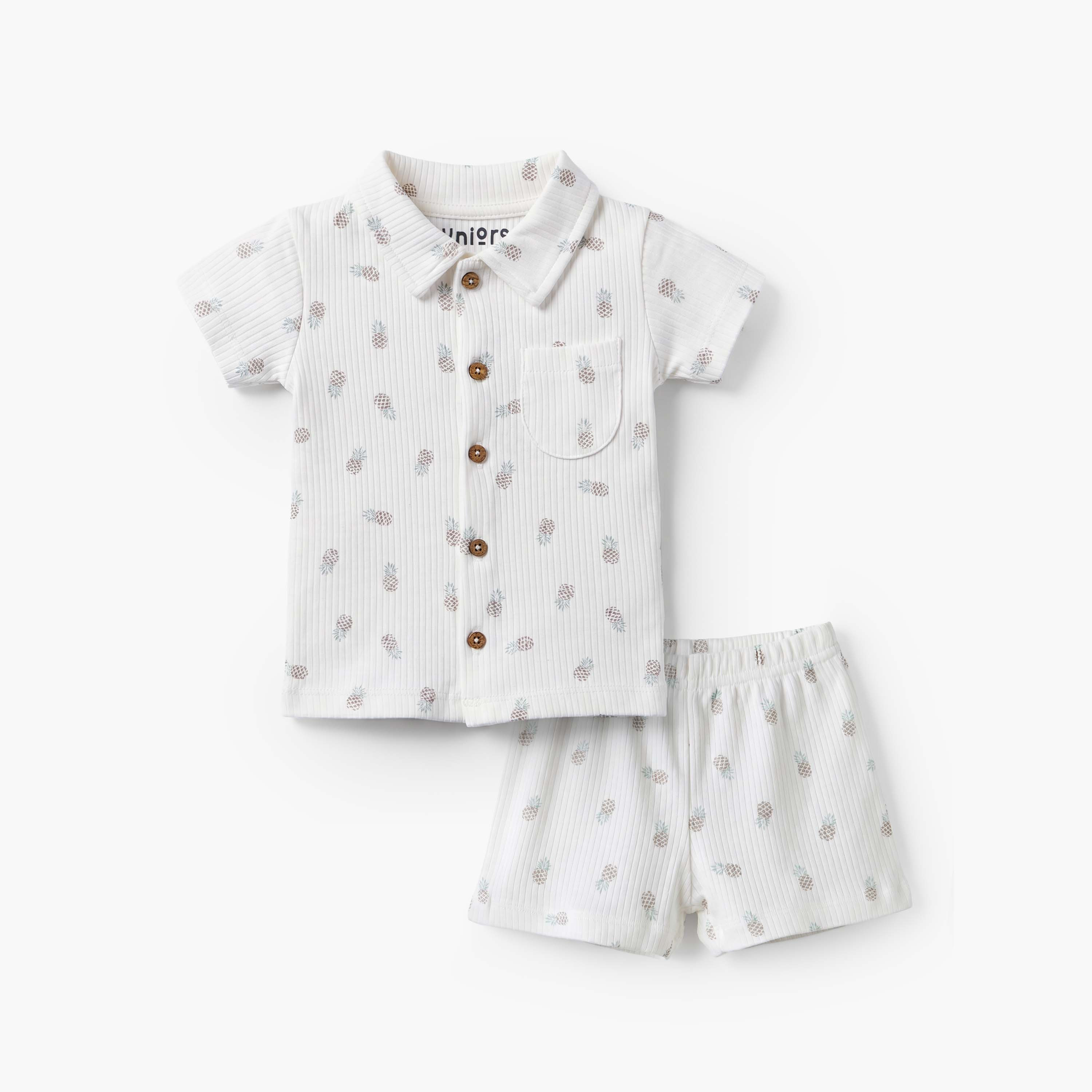 طقم شورت بأكمام قصيرة وياقة قطنية للبنات بطبعة أناناس-baby-boys-clothing-nightwear-pyjamasets-image-2
