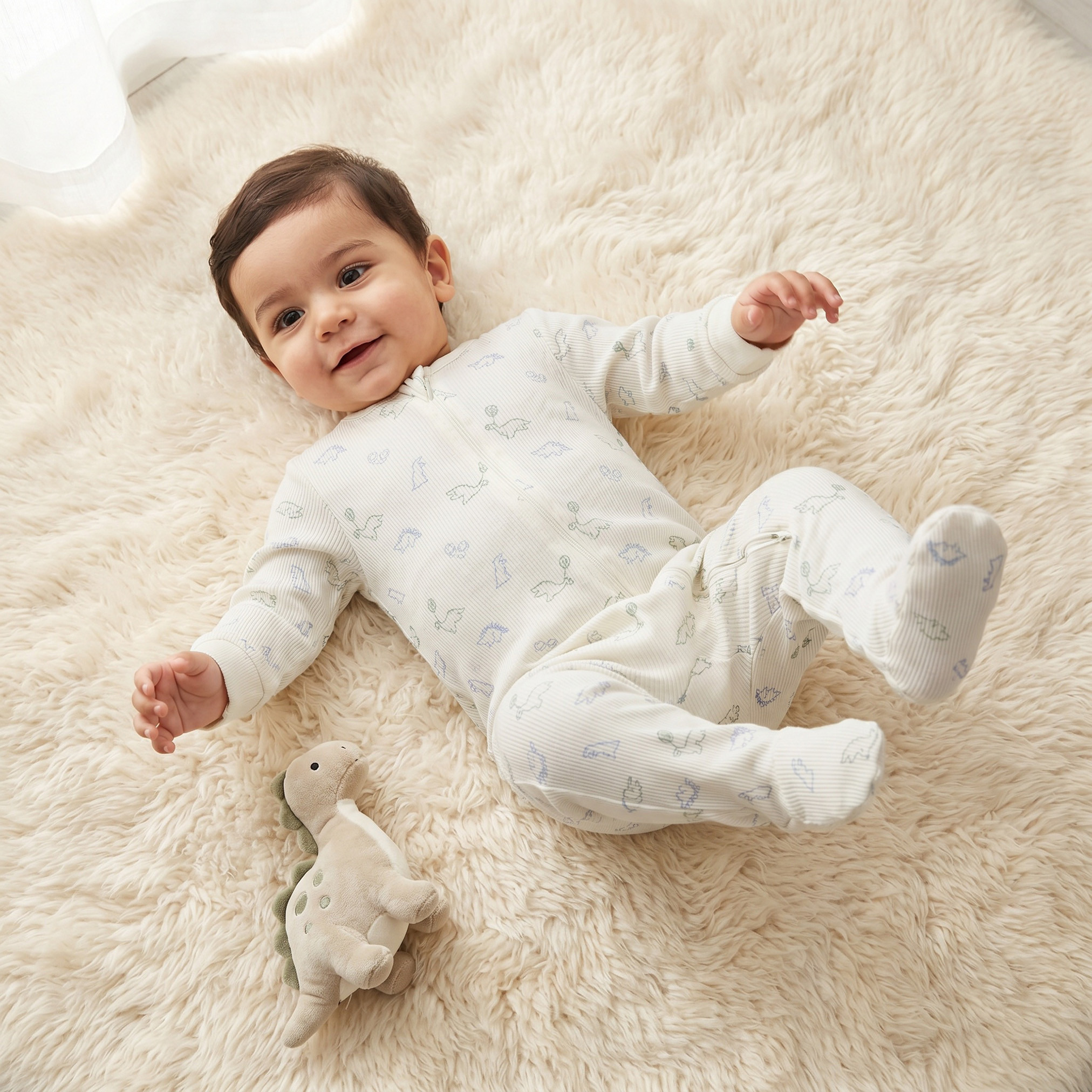 بدلة نوم قطن قطن بياقة مستديرة وأكمام طويلة وطبعات ديناصور من جونيورز-baby-boys-clothing-nightwear-sleepsuits-image-1